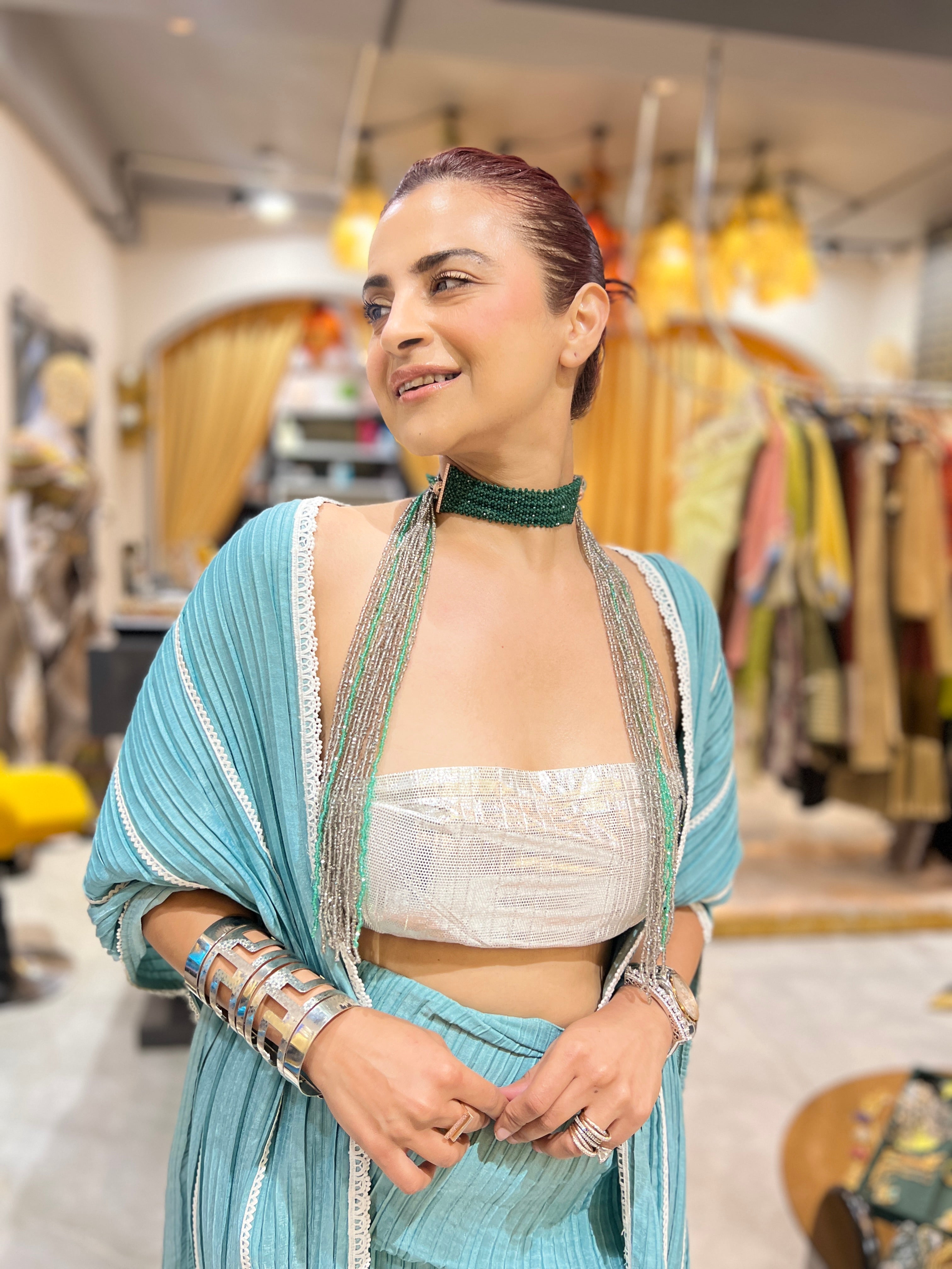 Rushed skirt with illusion cape in Carribean Mint with choker