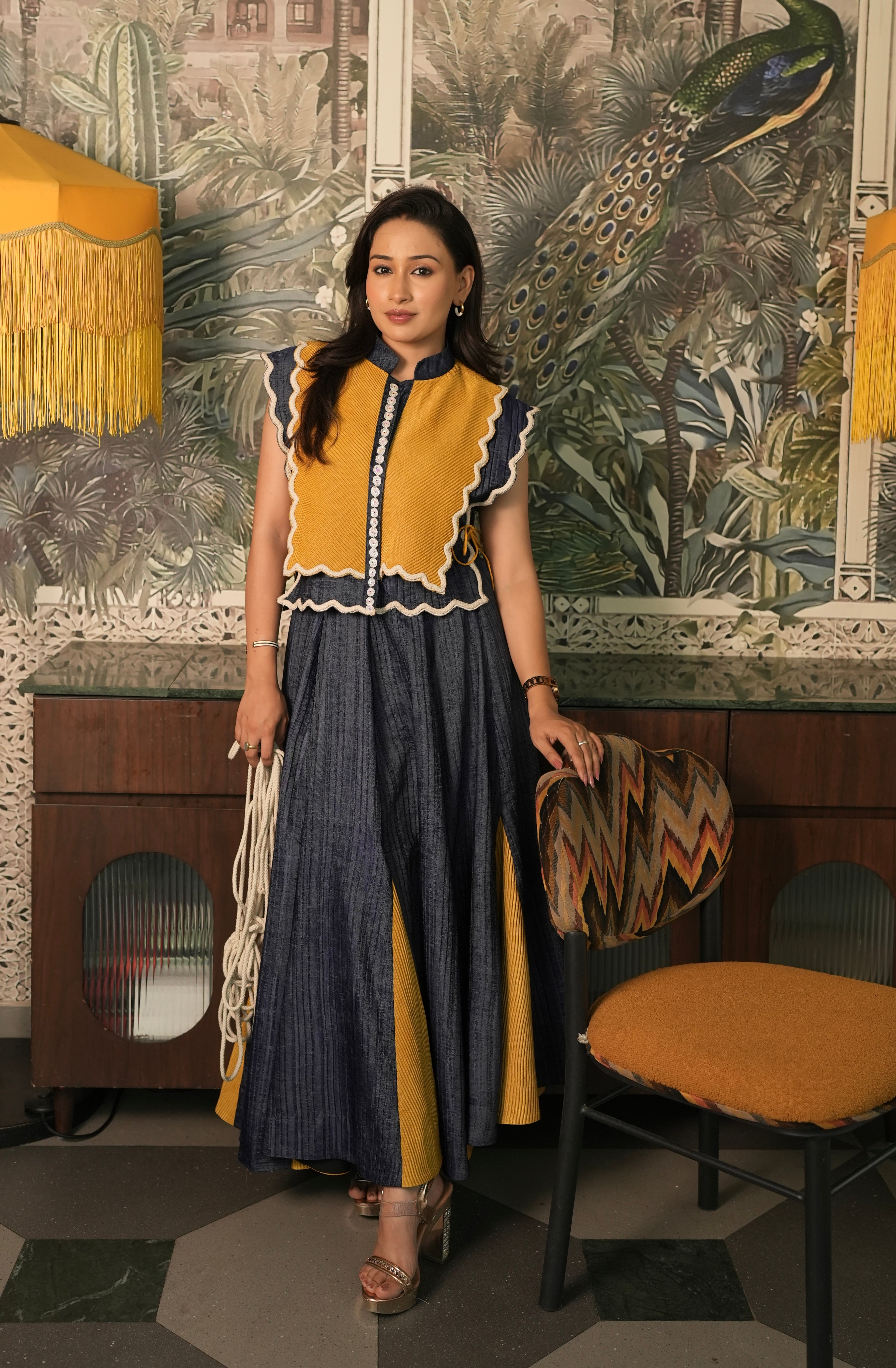 Golden Dusk Skirt Set in Blue and Mustard