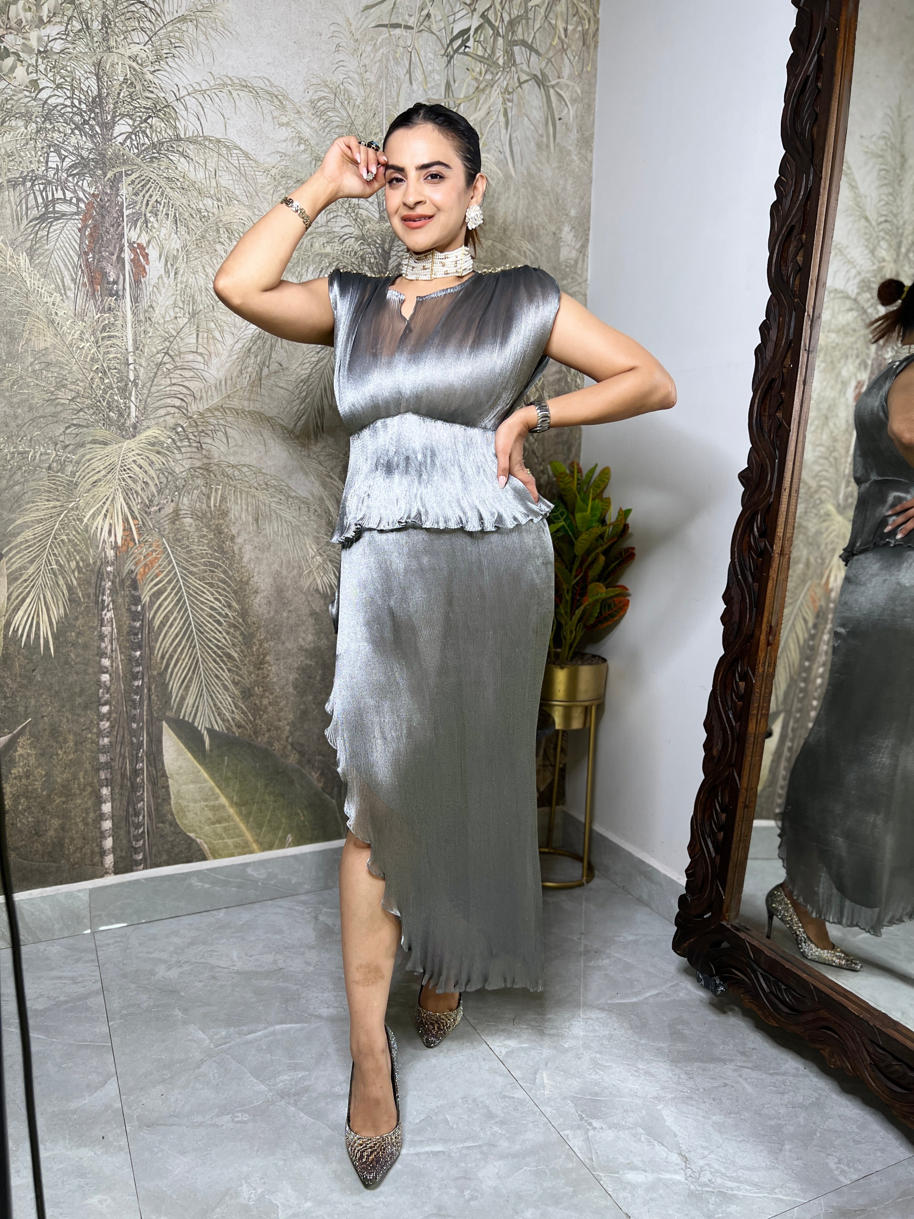 Silver ruched moonlift dhoti skirt set