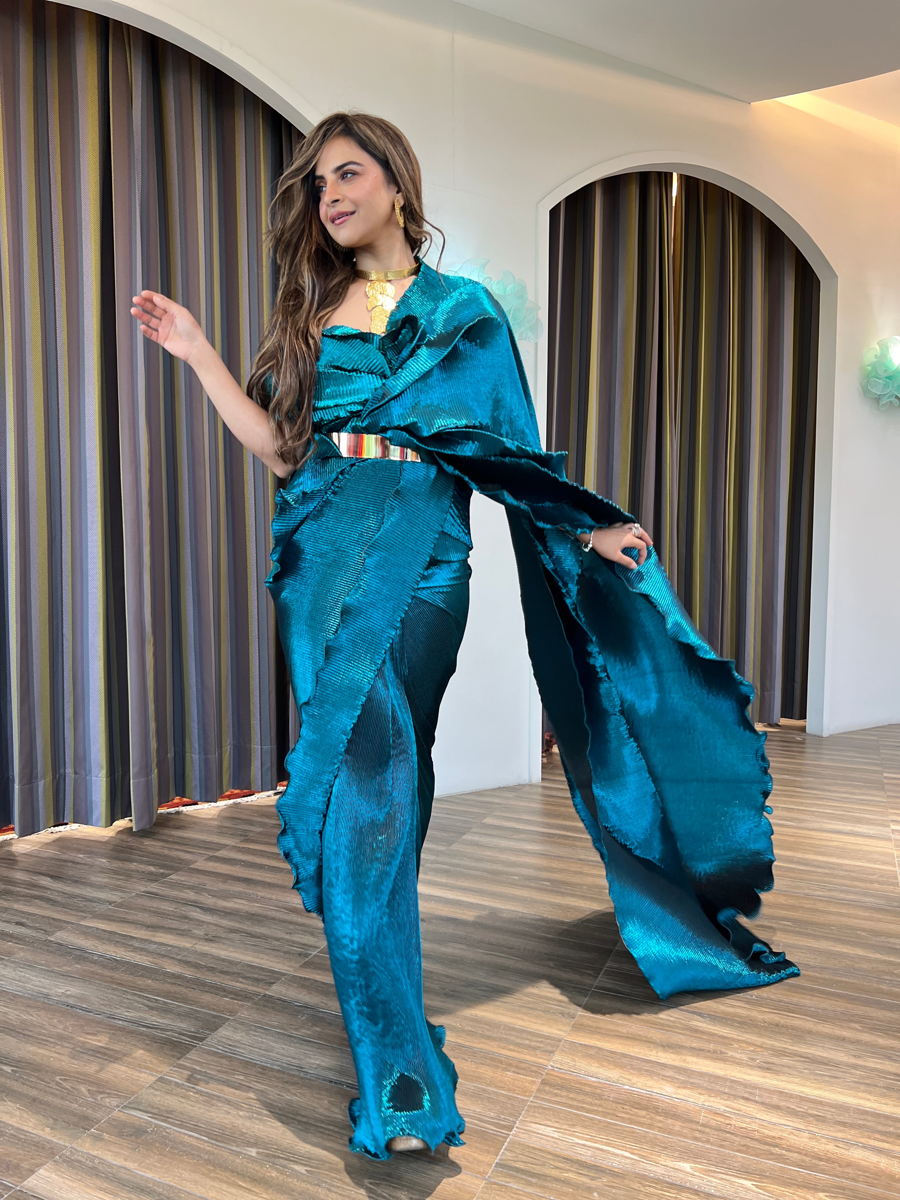 Teal blue pre draped shimmer silk saree