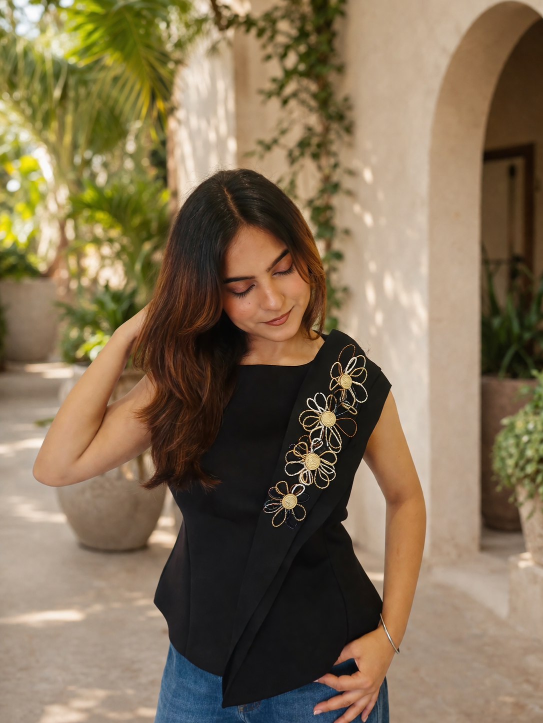 Embroidered Overlay Top in Black