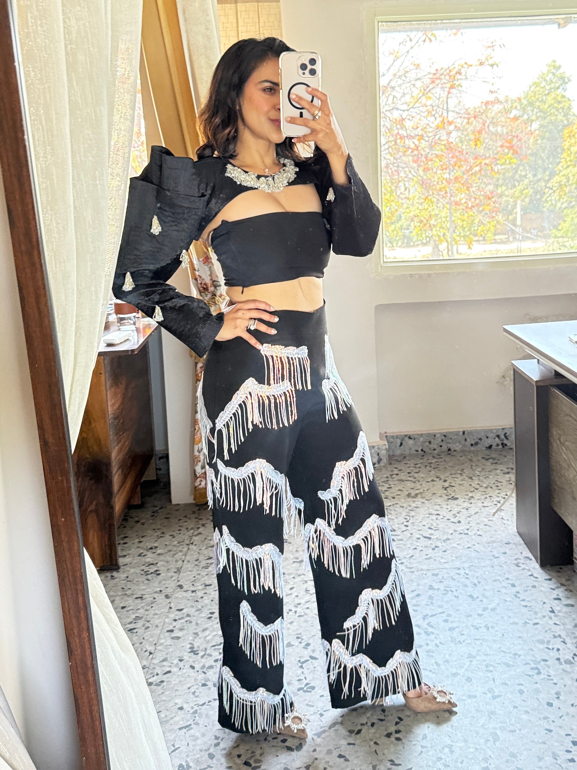 Black embellished shoulder cape