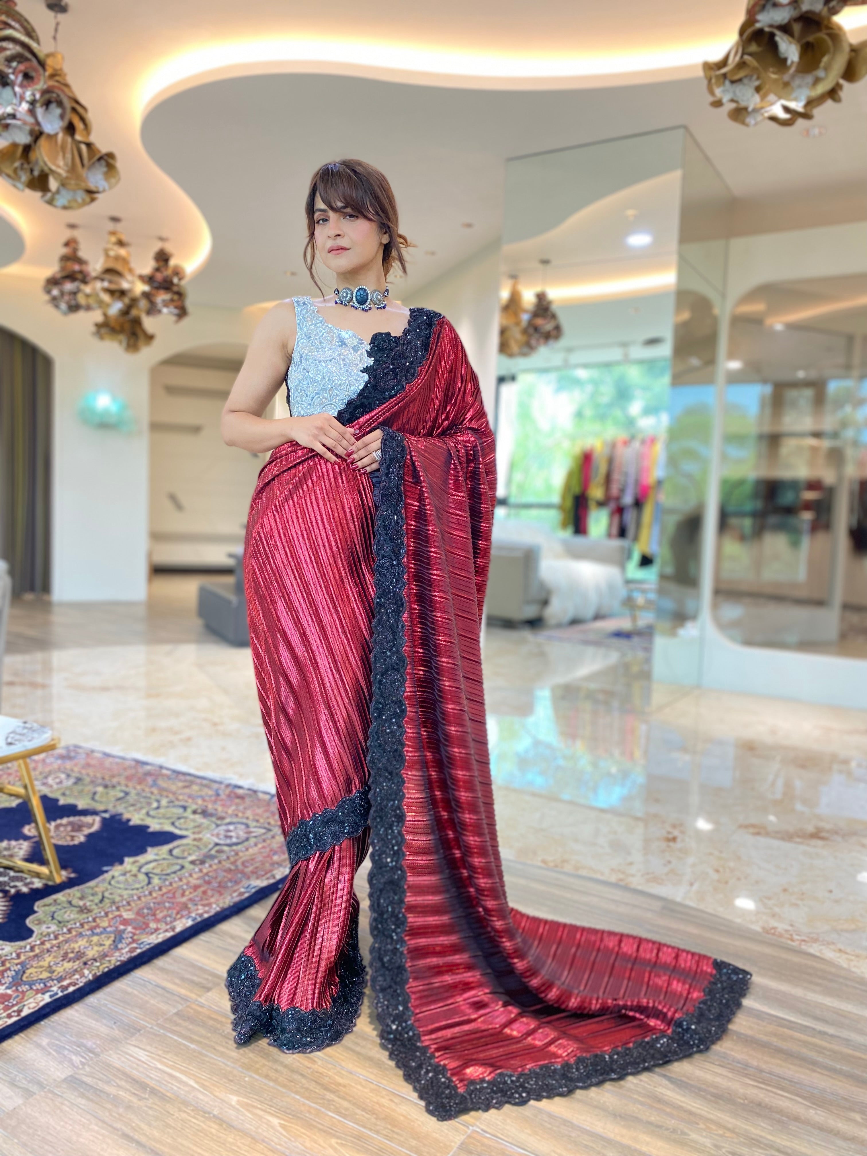 Zardosi Blouse with pre-draped Red Saree Set