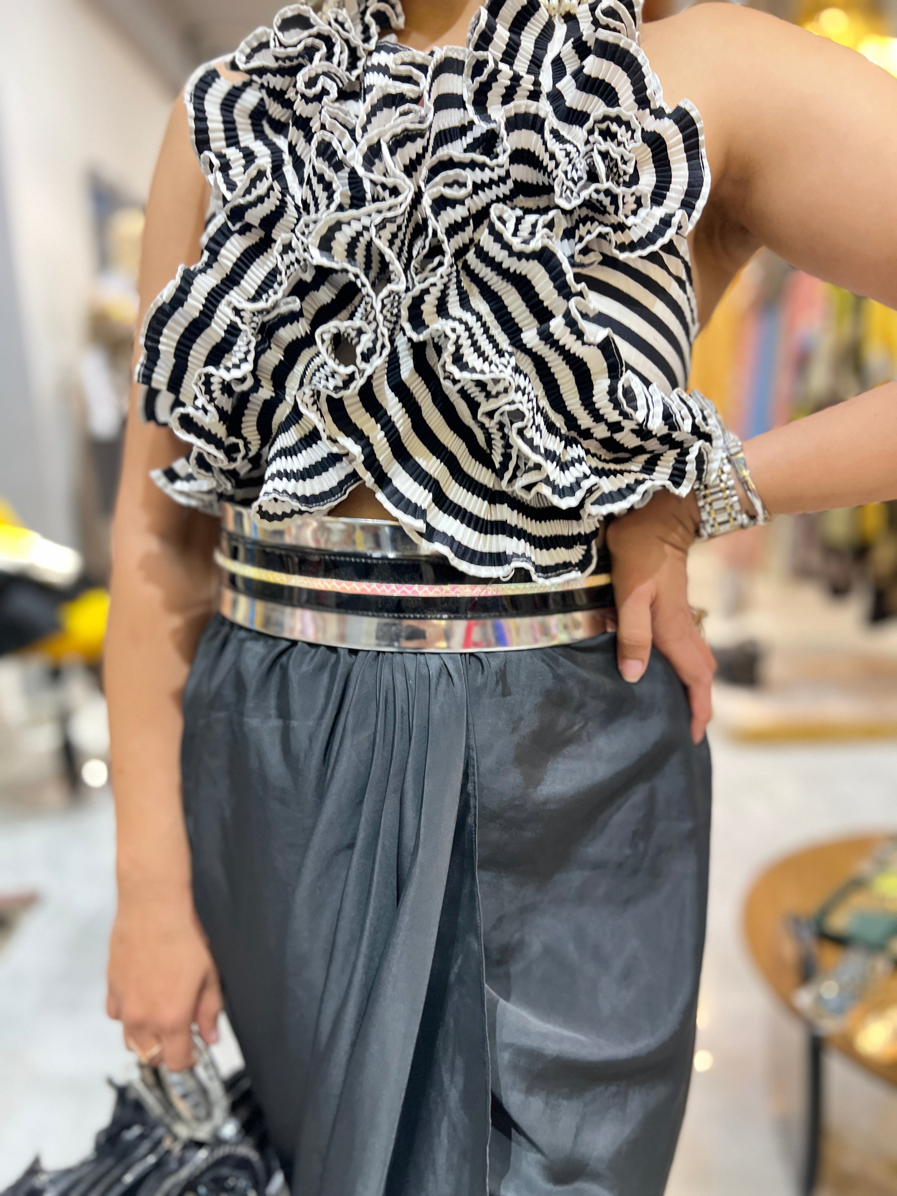 Stripe ruffle dream top with armani silk skirt set with belt