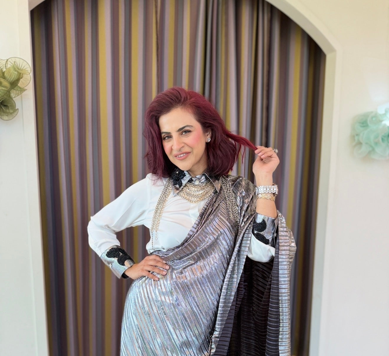 white armani shirt with silver foil emb