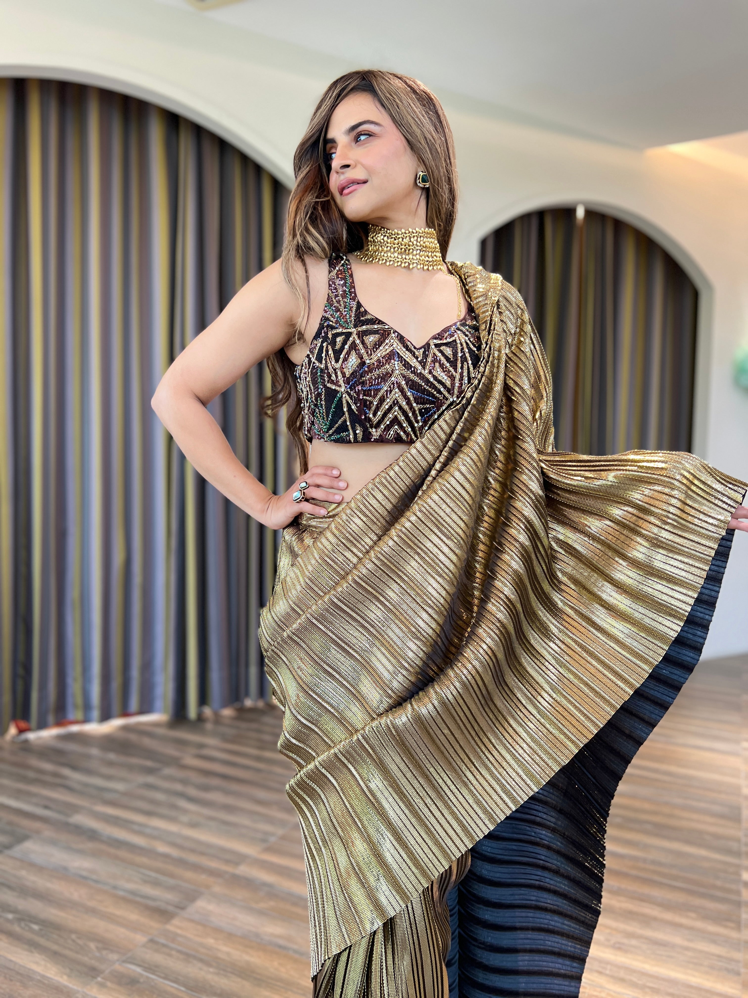 Zardosi Blouse with pre-draped Saree Set in Egyptian Gold