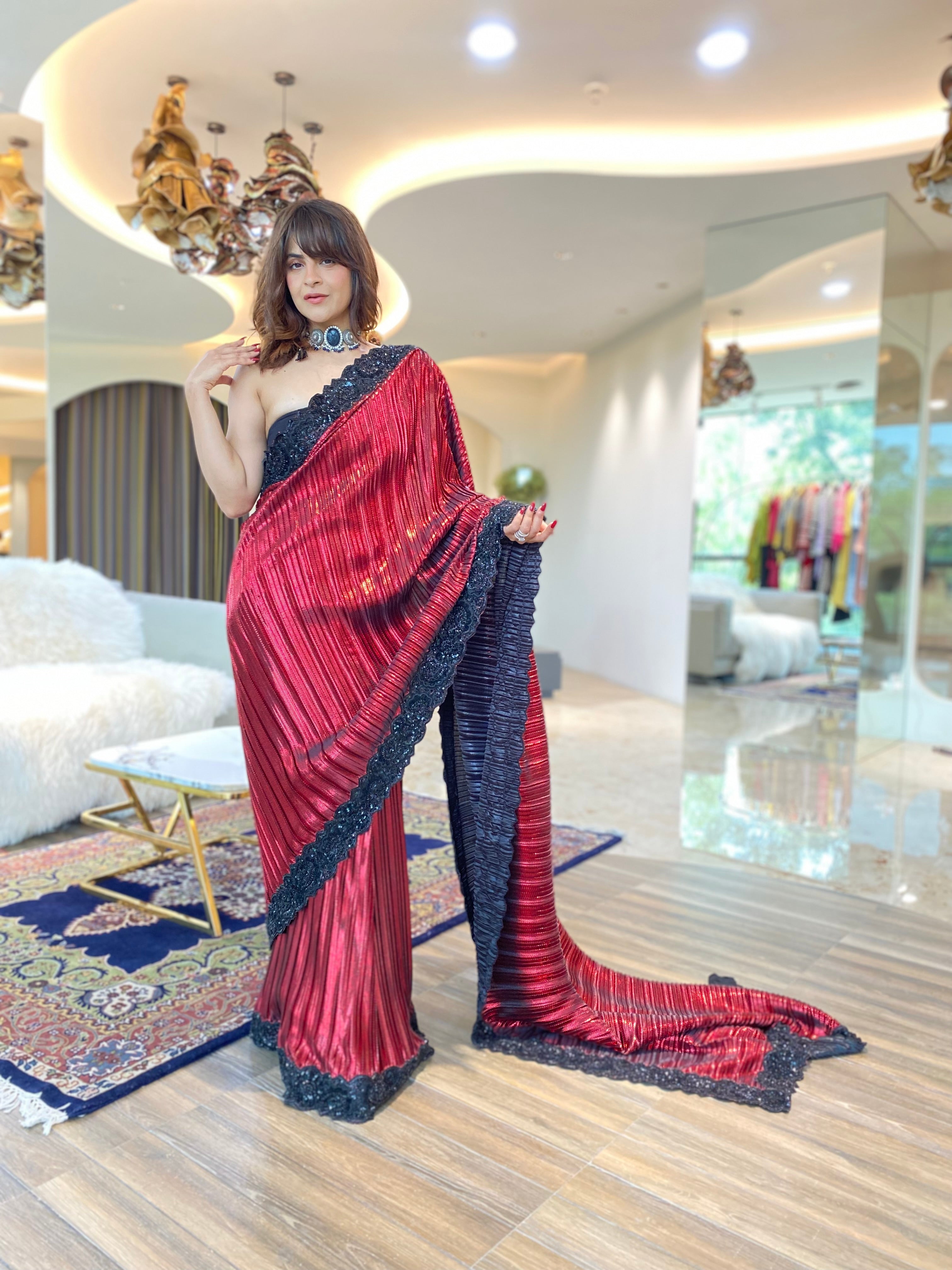 Red embroidered pre-draped saree set