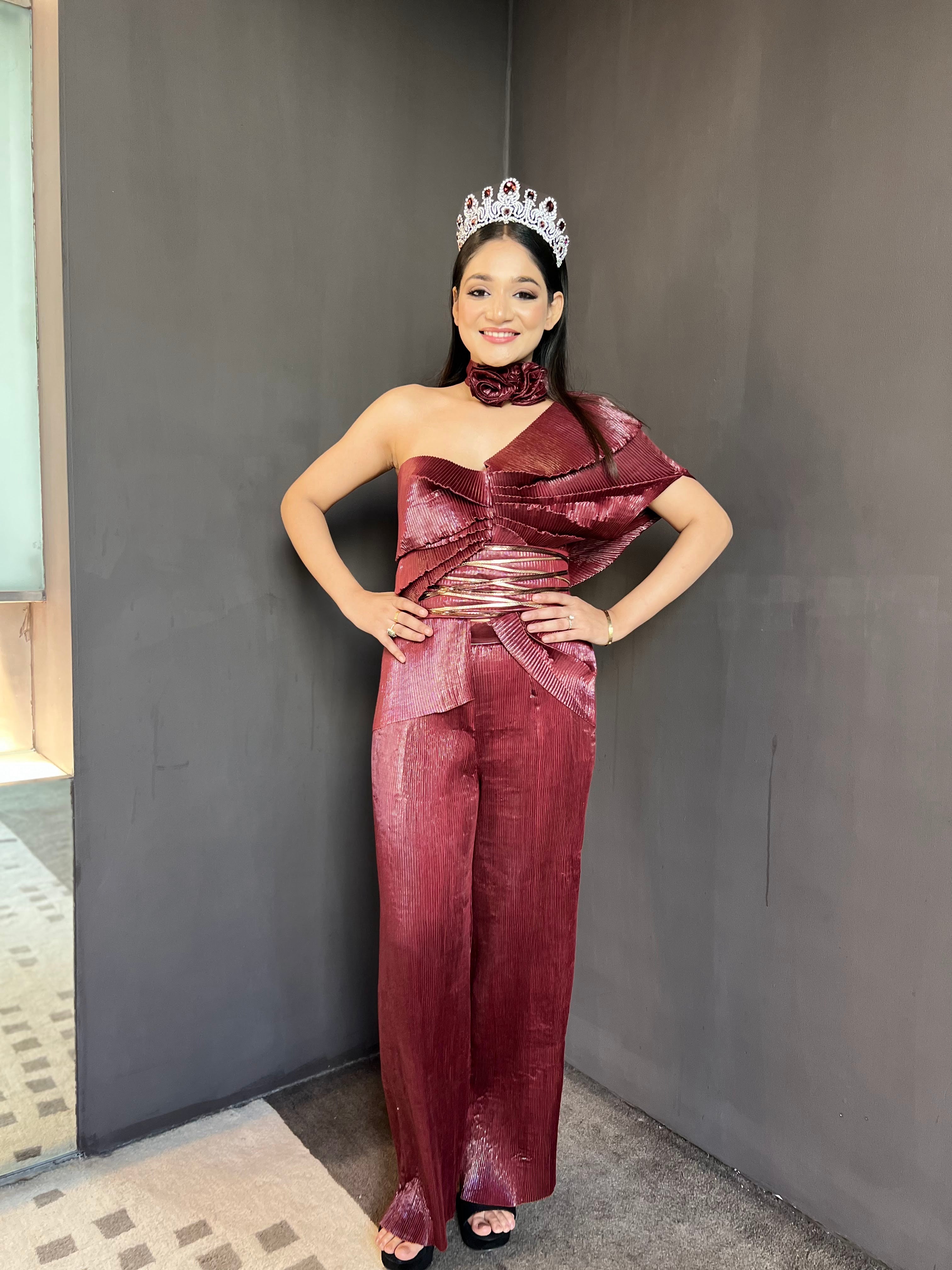 maroon shimmer multidrape pants set