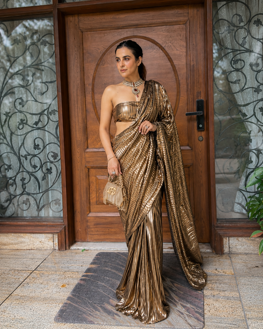 Renaissance gold foil pre-draped saree set
