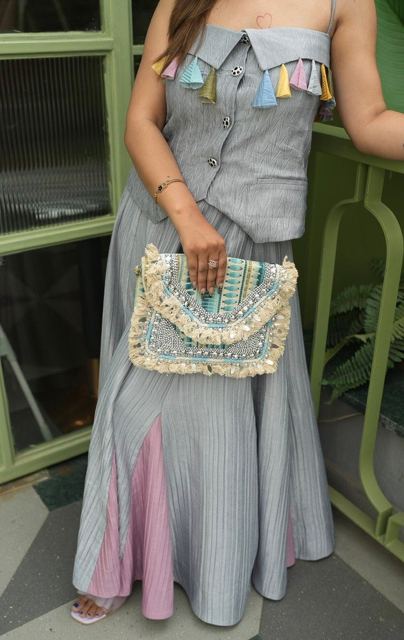 Tassel Tale Skirt Coord Set in Grey and Pink