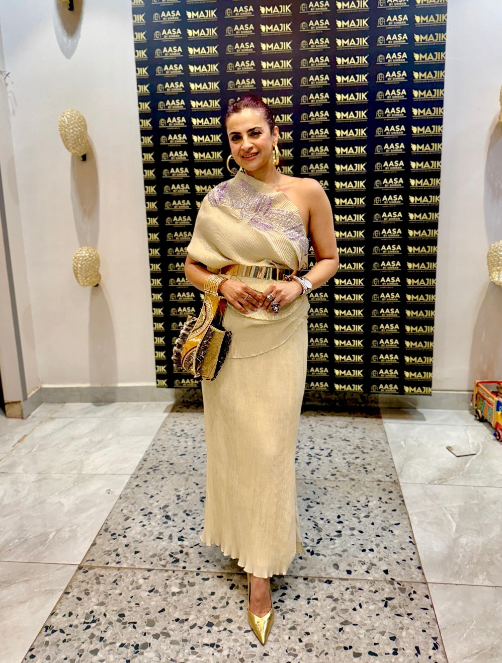 Cream beige embroidered Multi drape straight set
