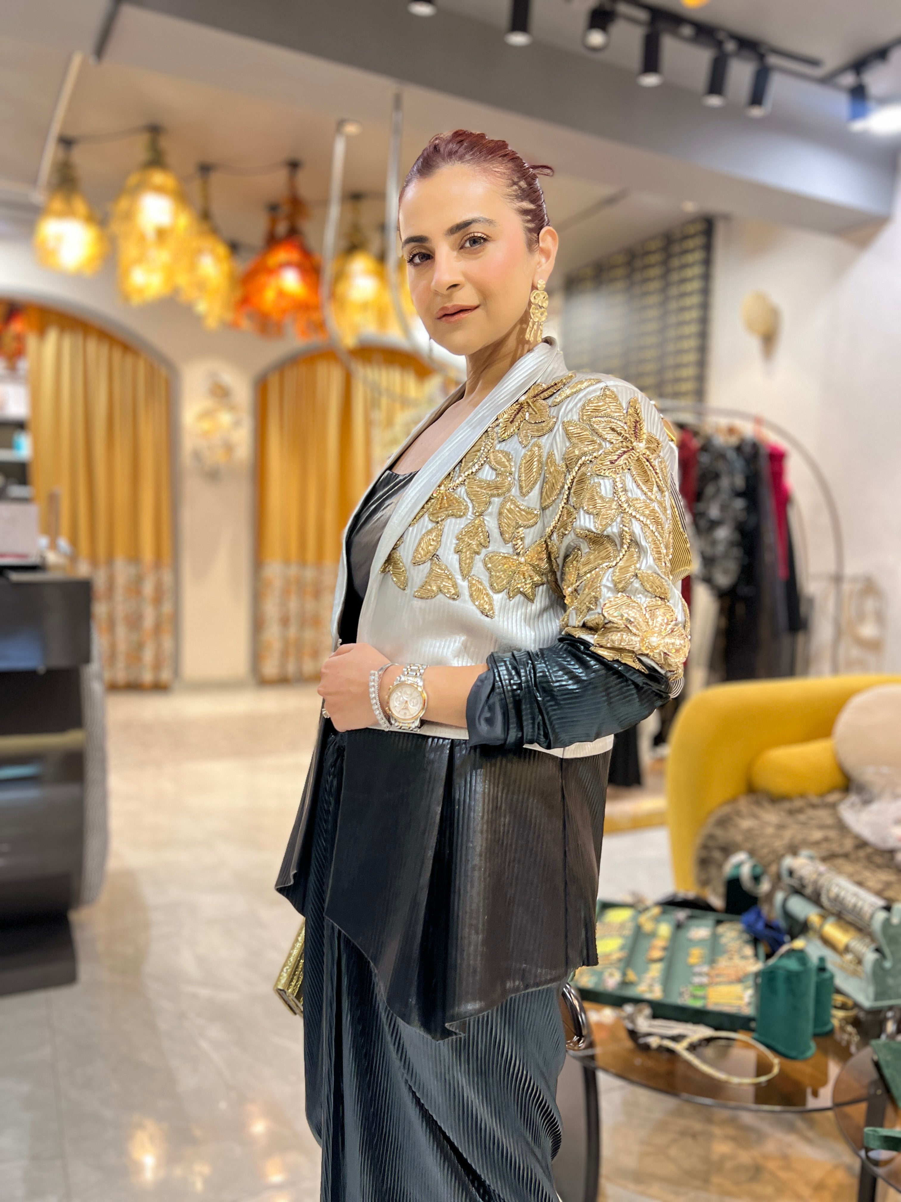 Black & silver leather power blazer set with earrings