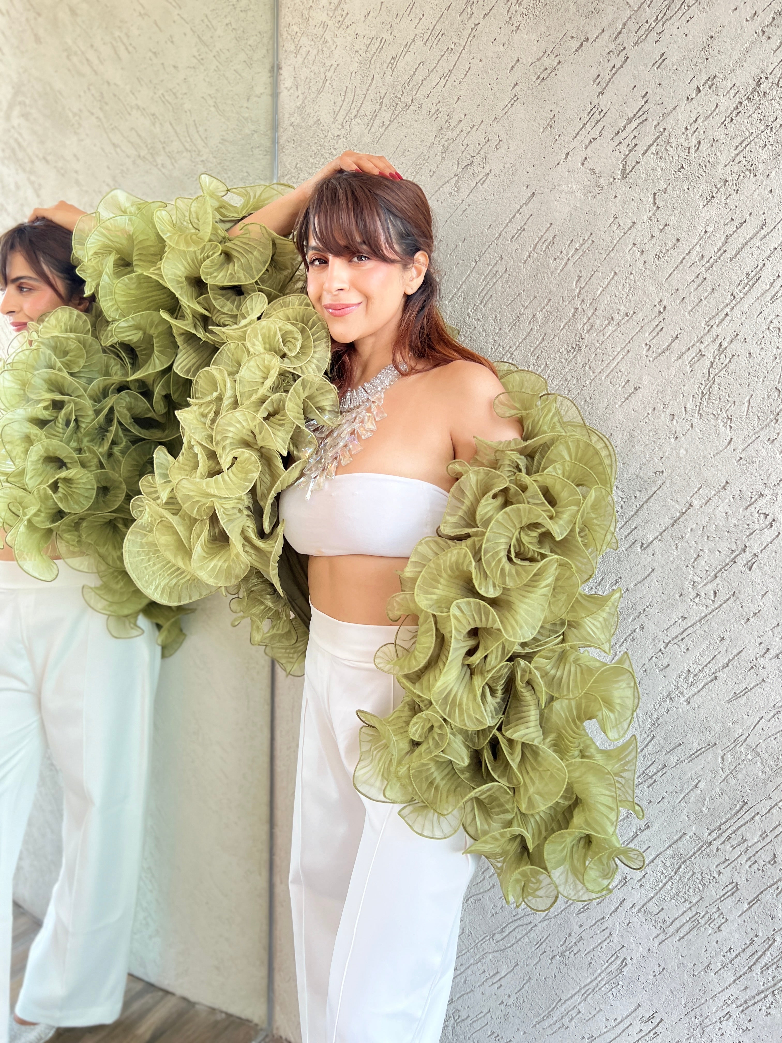 Olive Oracle Ruffle Cape in Dirty Green