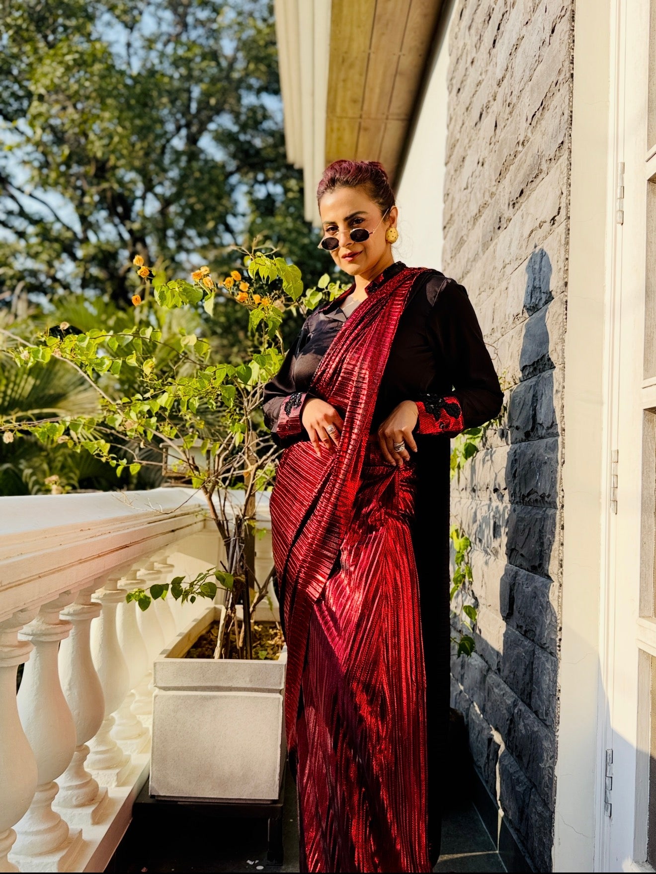 Venetian Red power drape saree blazer set