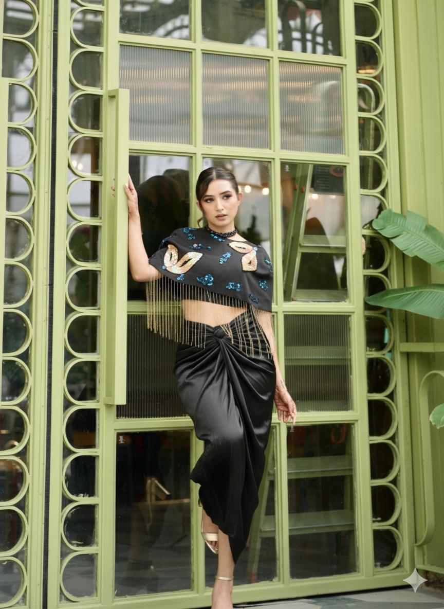 black emb tassel cape