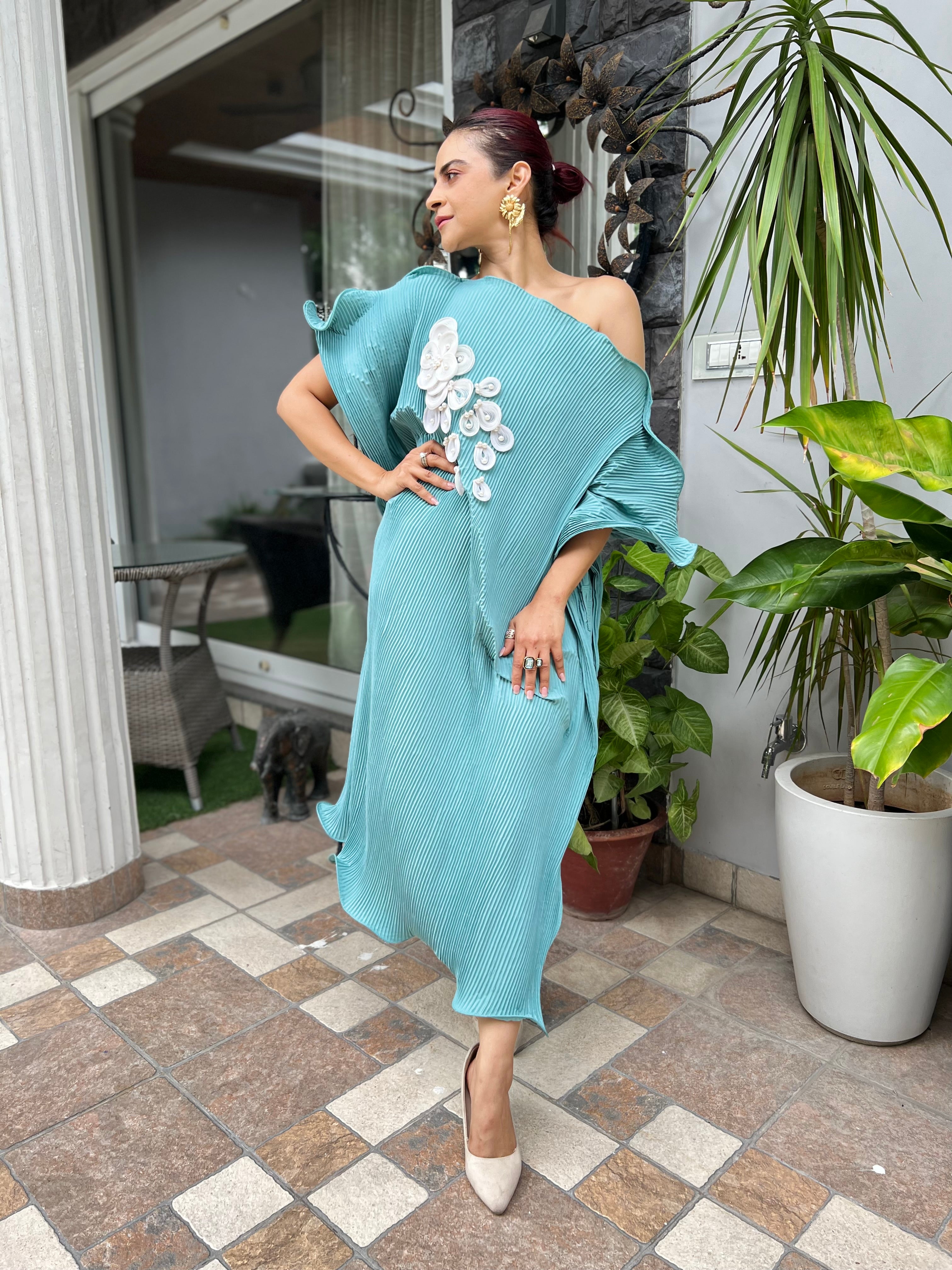 Kaftan dress with embroidery in Dusty Cyan