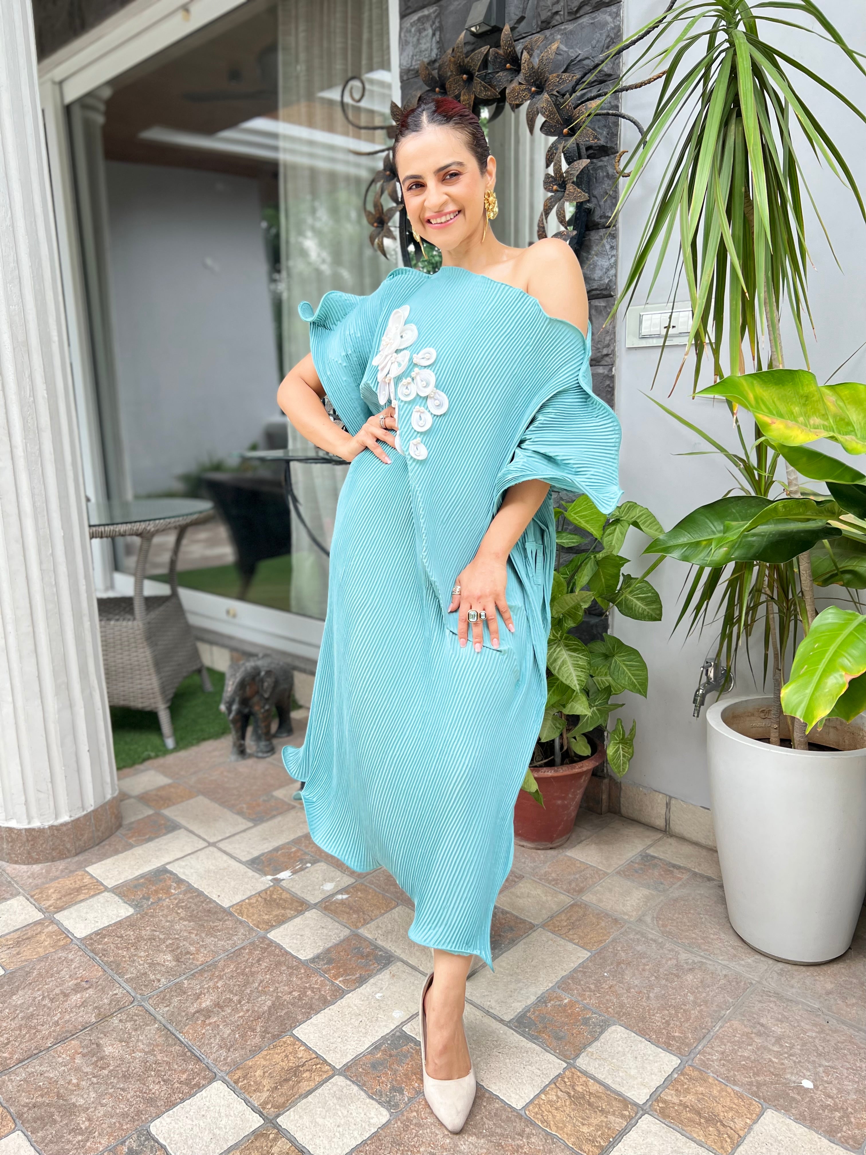 Kaftan dress with embroidery in Dusty Cyan