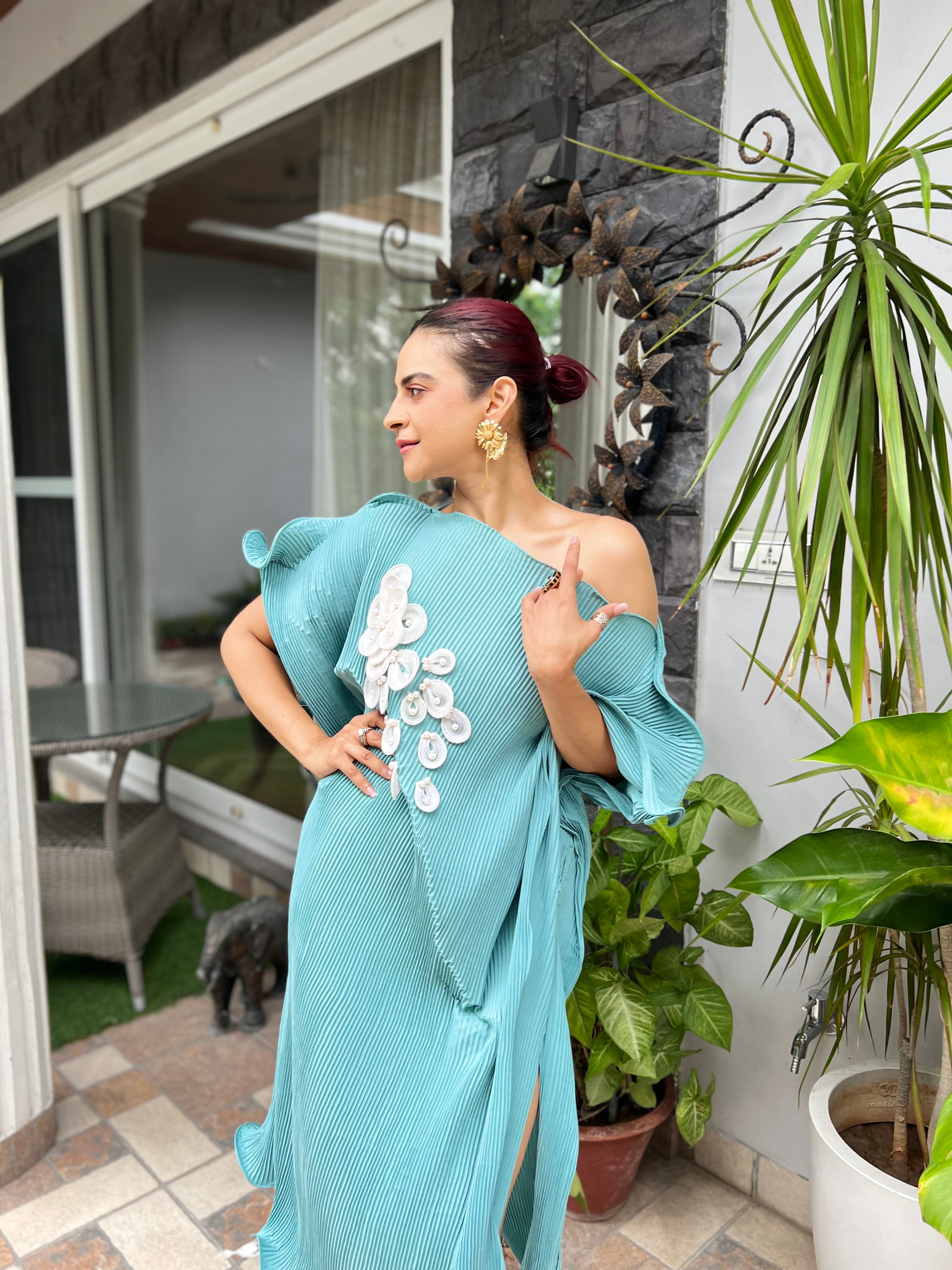 Kaftan dress with embroidery in Dusty Cyan