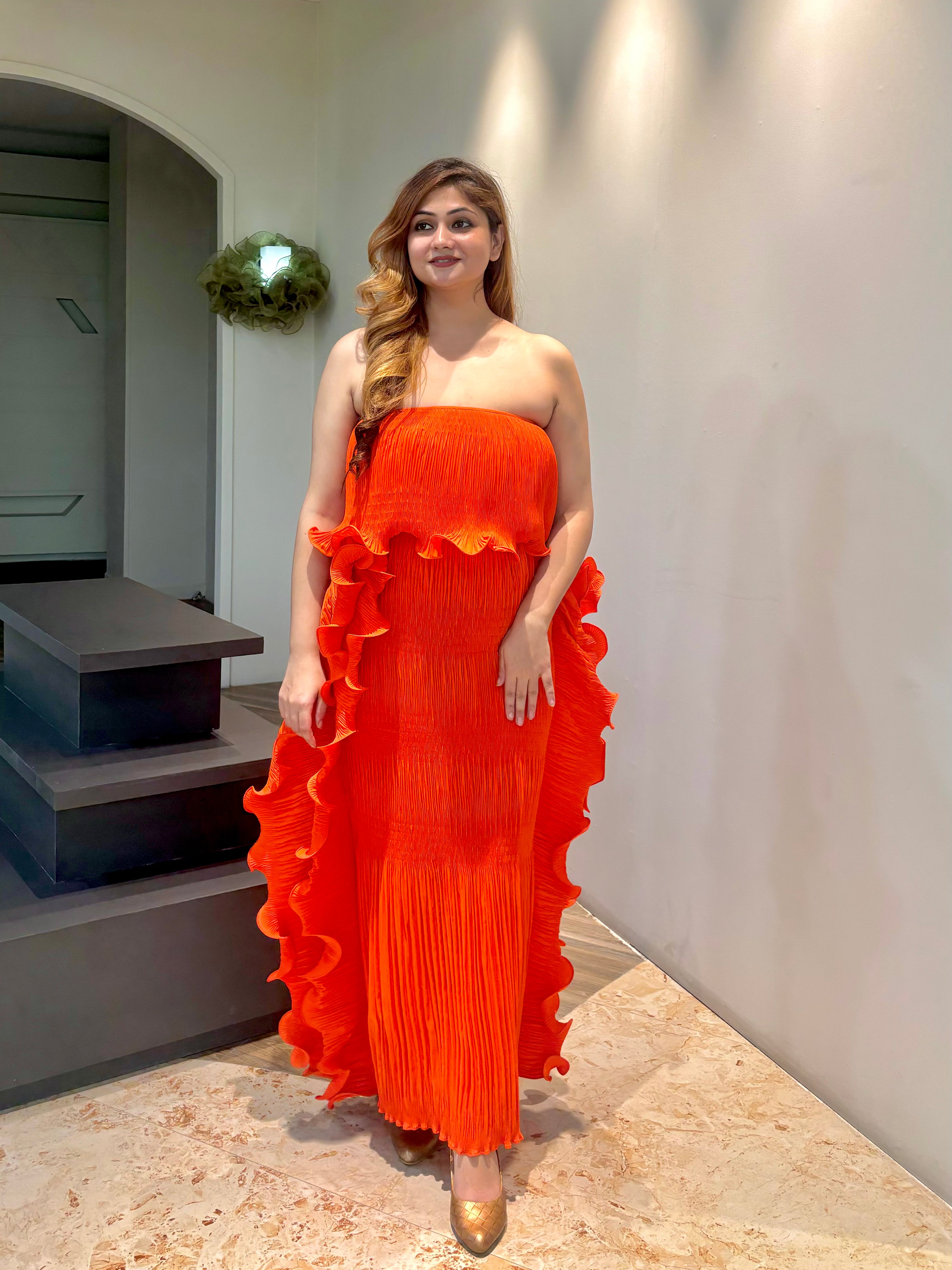 Long tube ruffle Dresses in Tango Tangerine