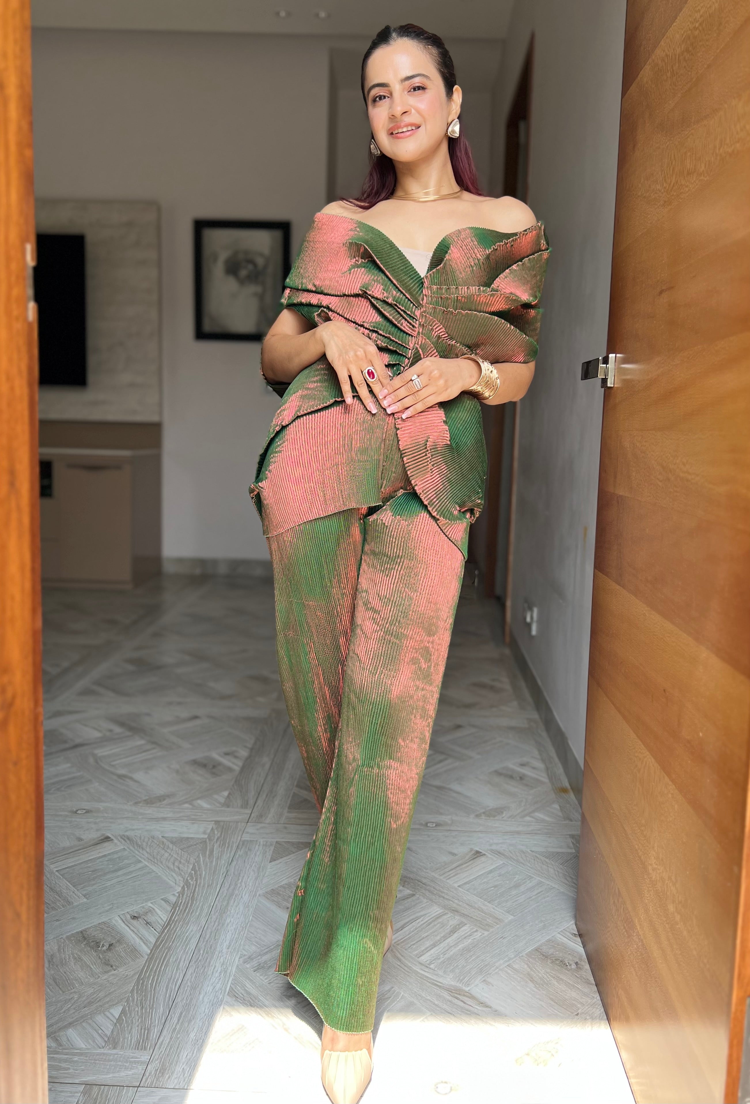 Shimmer Multi Drape Top & High-Low Skirt Set in Green Rosewood