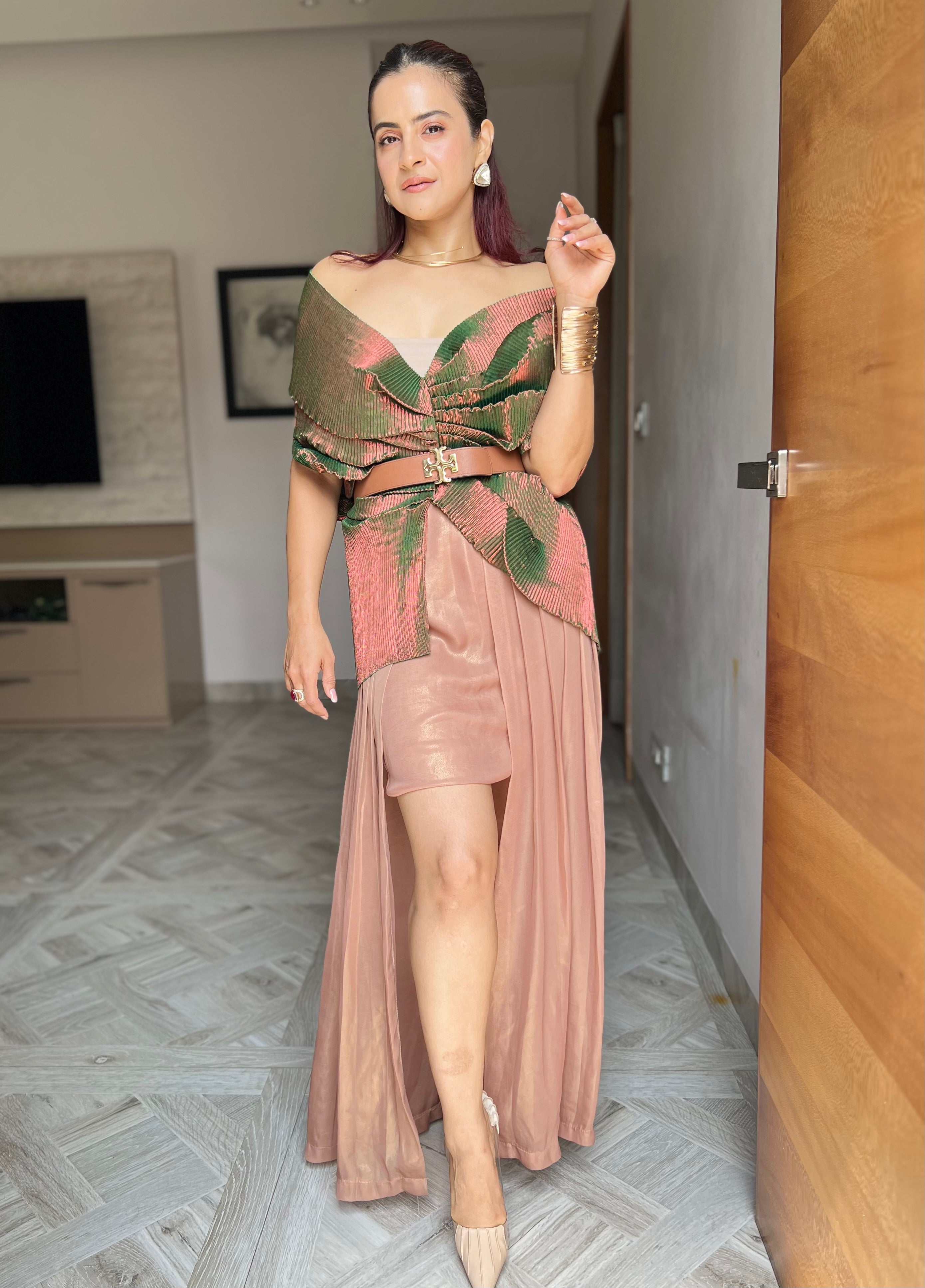 Shimmer Multi Drape Top & High-Low Skirt Set in Green Rosewood