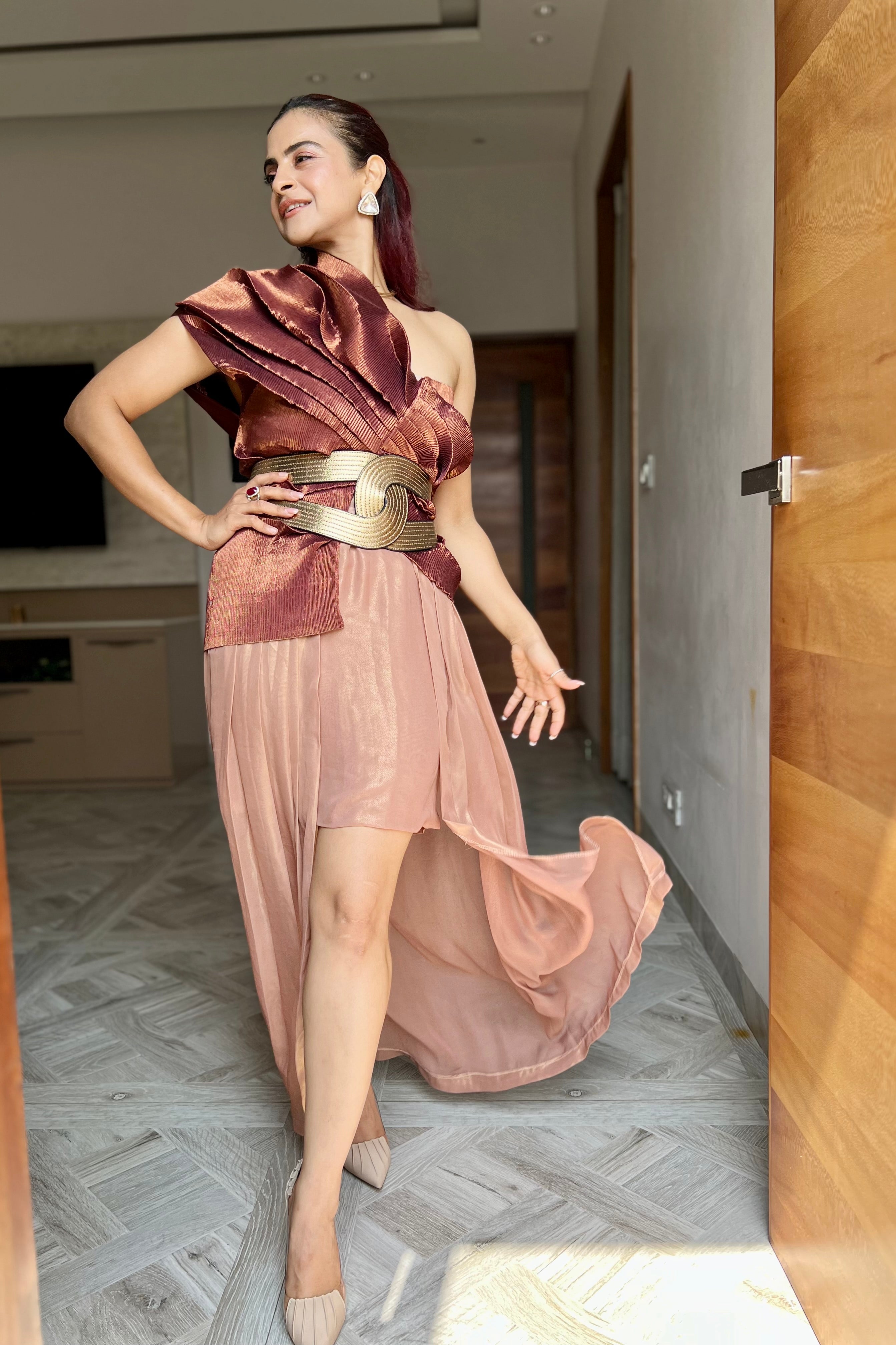 Shimmer Multi Drape Top & High-Low Skirt Set in Cinnamon Shine
