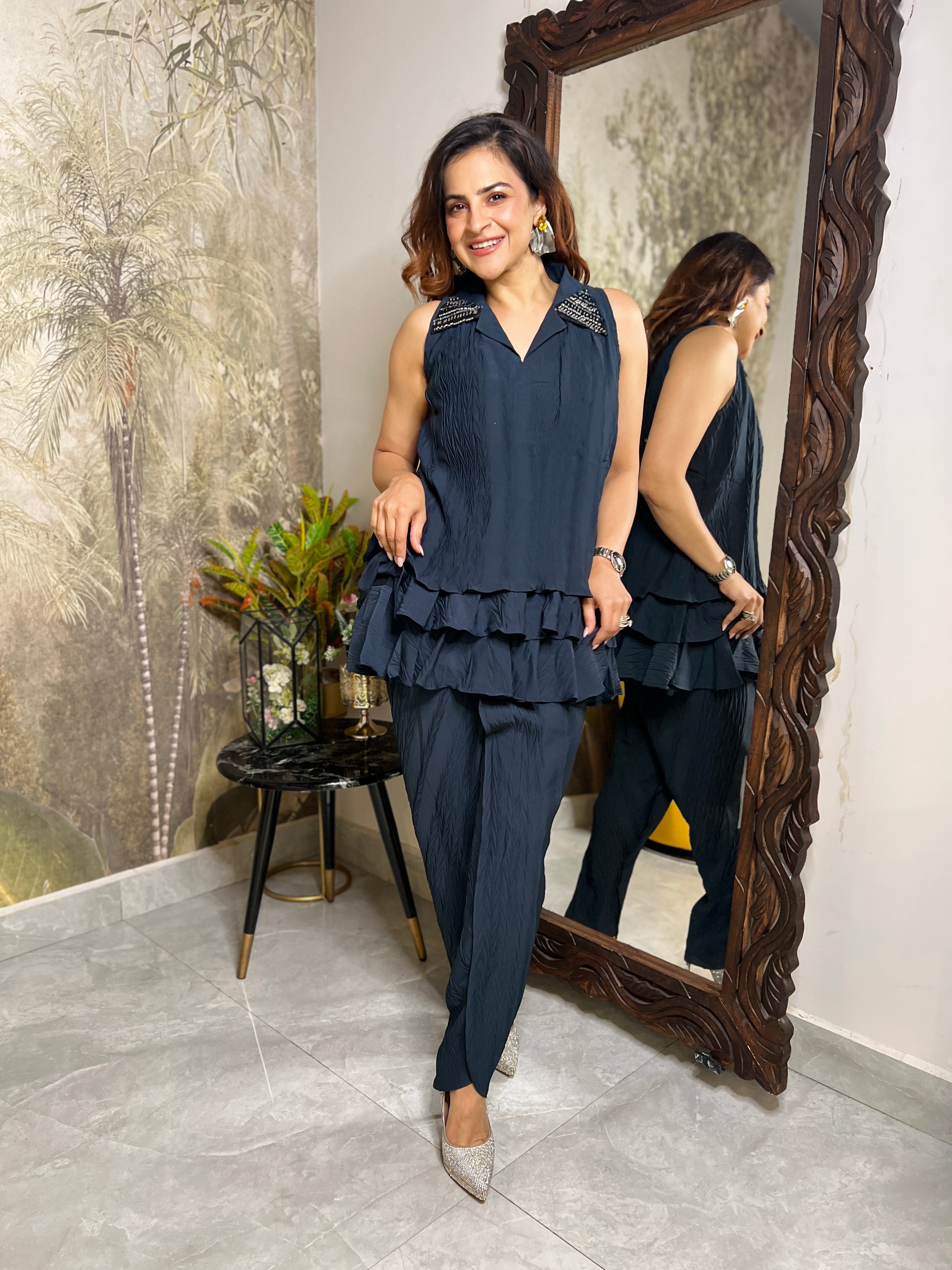 Aegean blue peplum tulip pants set