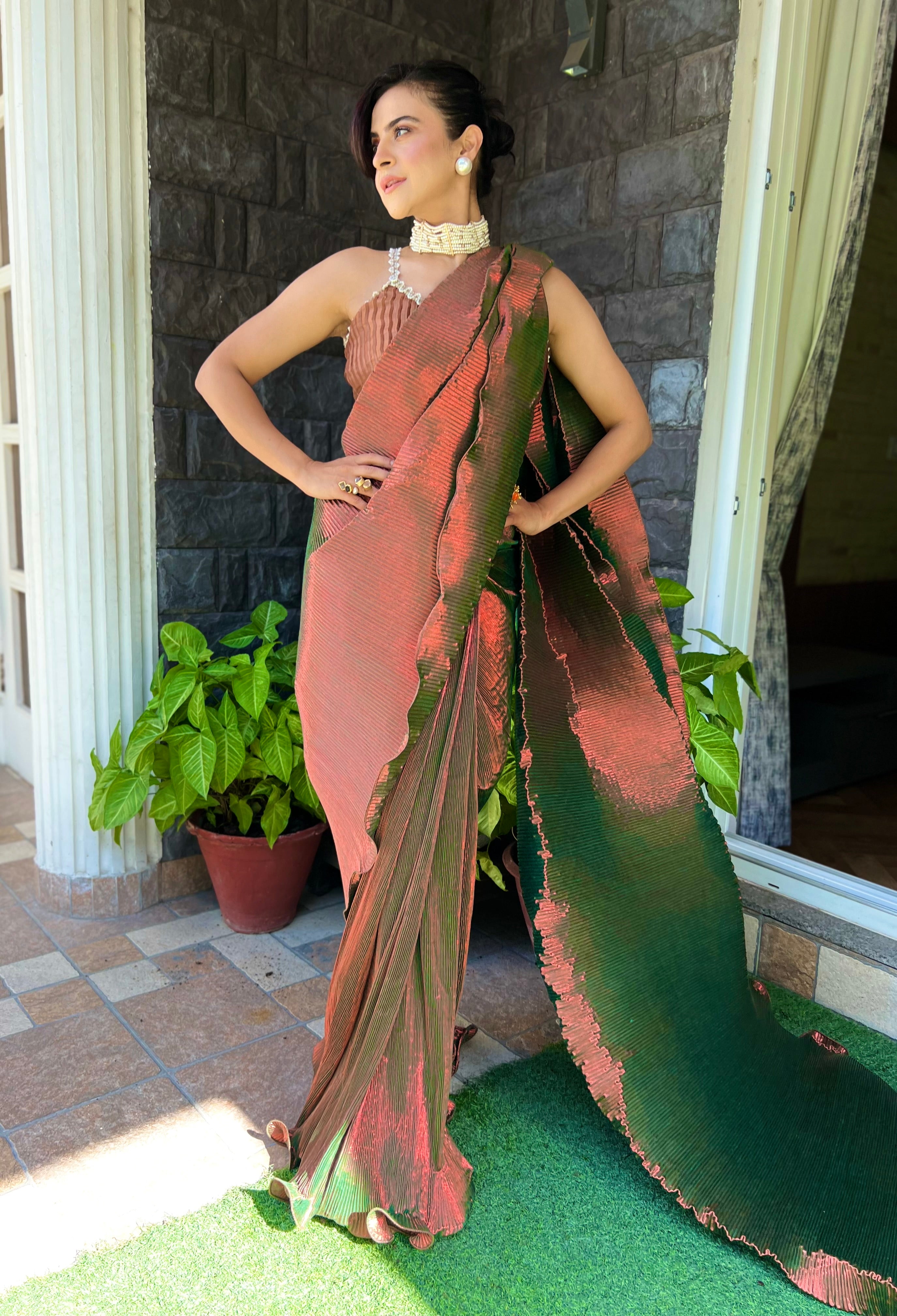 Pre-stitched saree with strappy blouse in Green Rosewood