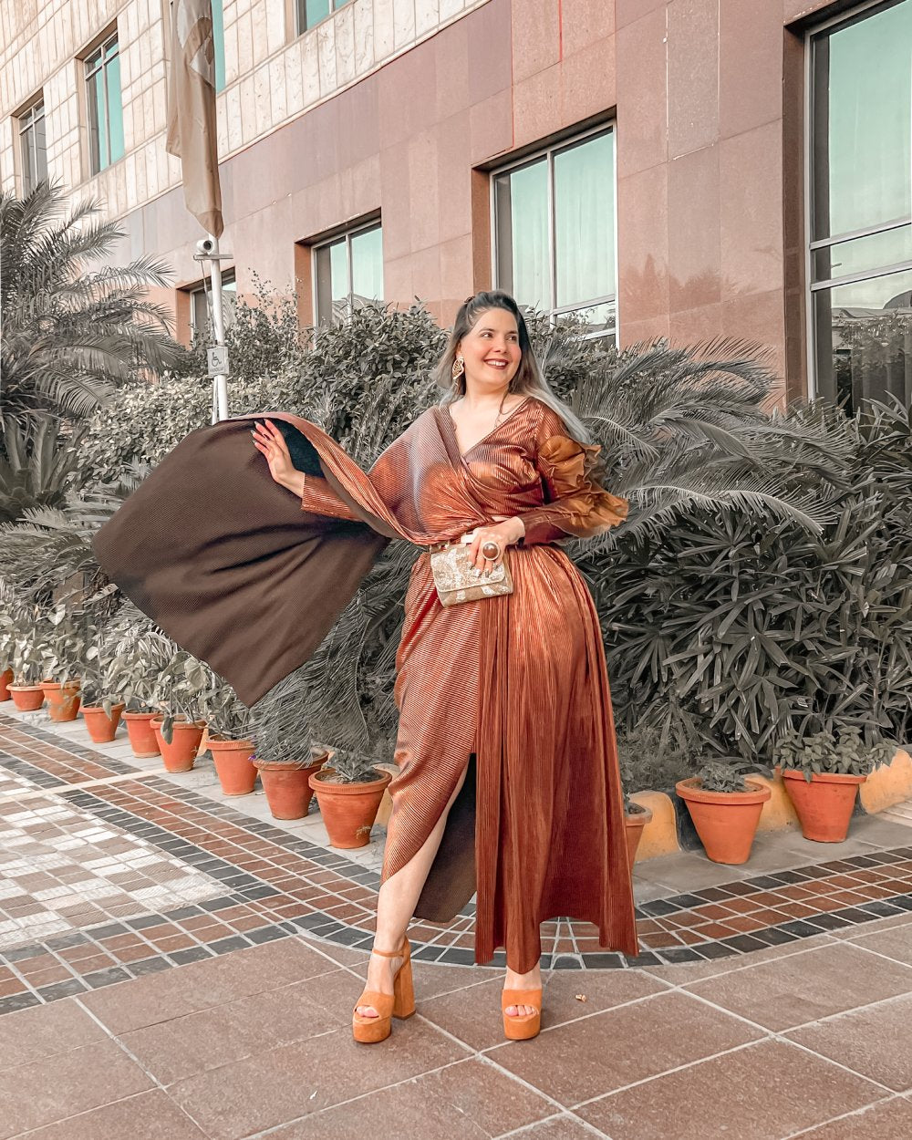 Faux Leather Drape Saree in Copper with full sleeves