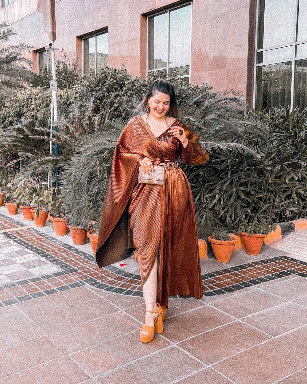 Faux Leather Drape Saree in Copper with full sleeves