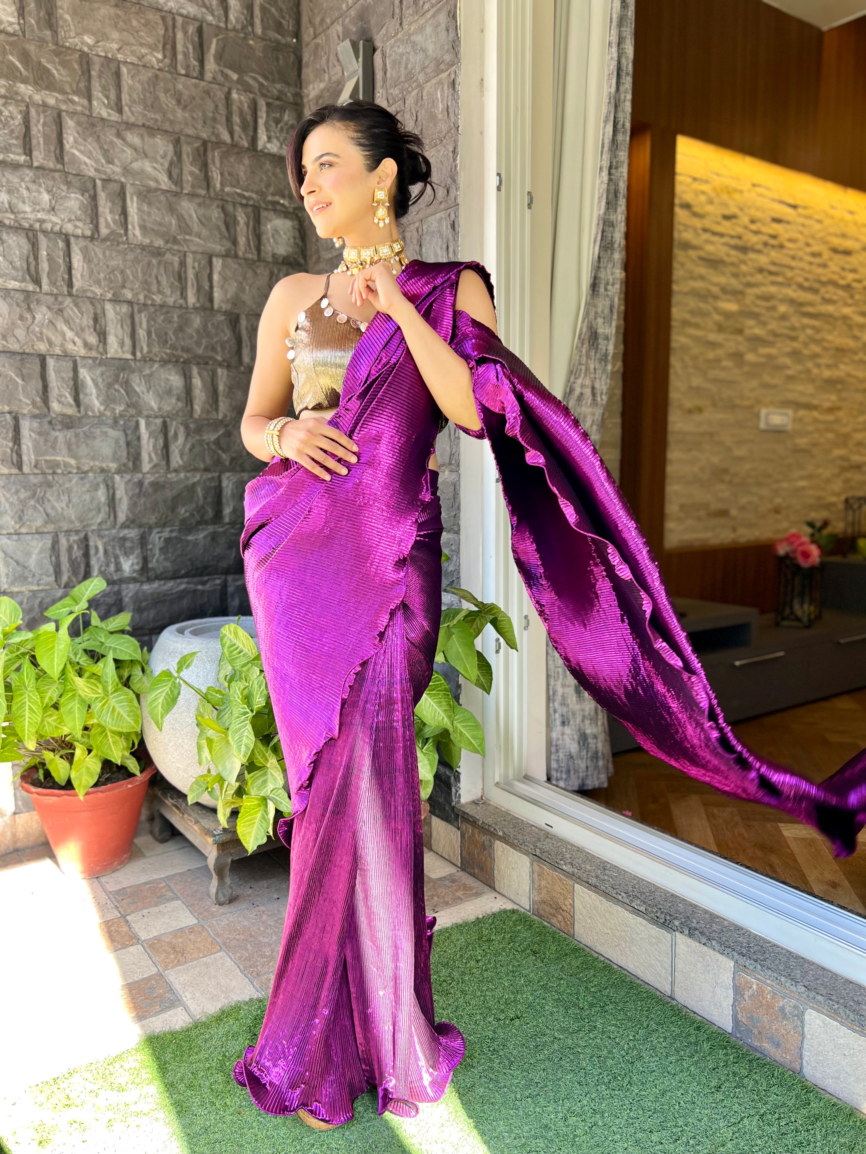 Pre-stitched saree with strappy blouse in Viva Magenta & Antique gold