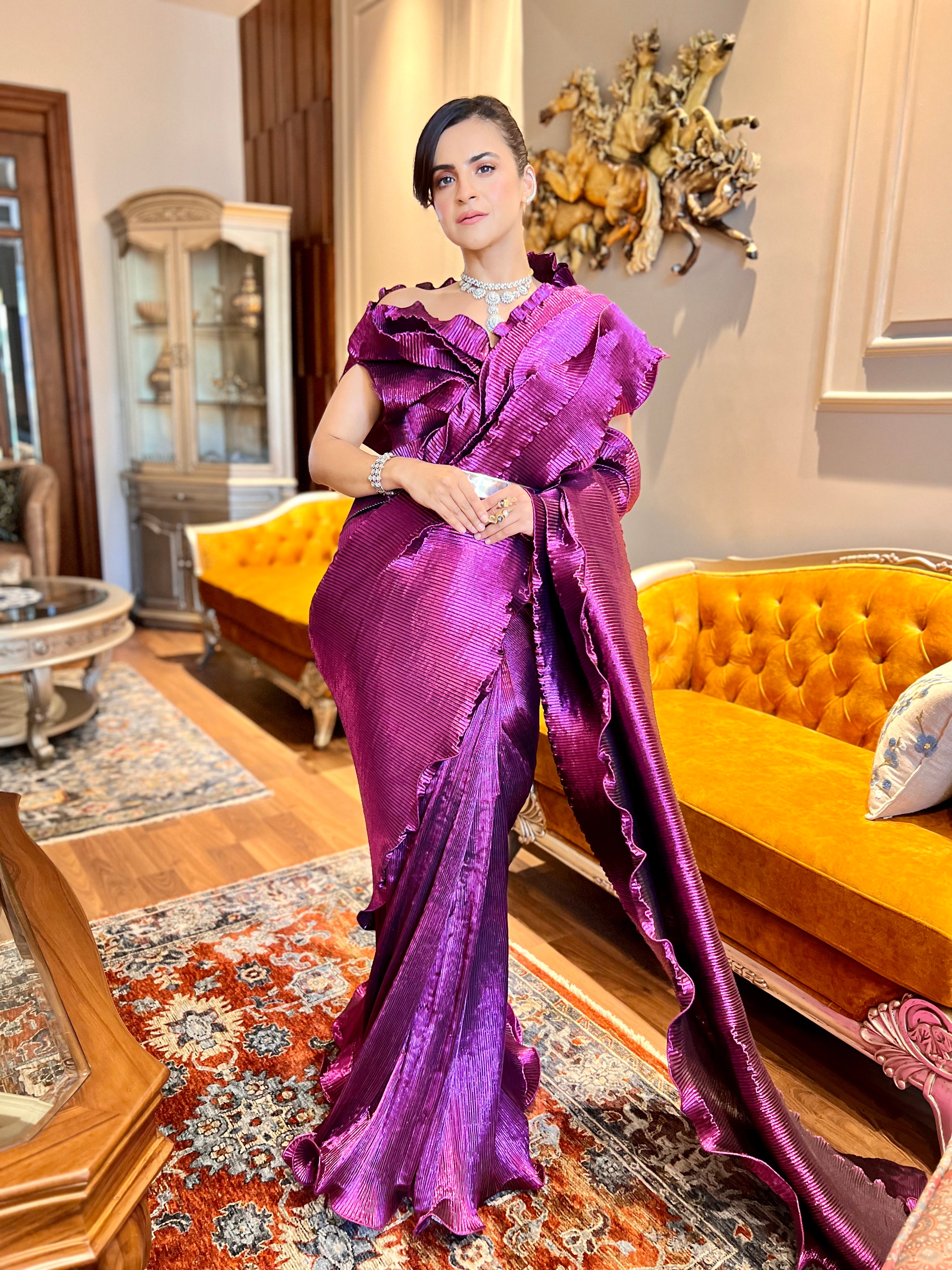 Pre-stitched saree with multi drape top in Viva Magenta