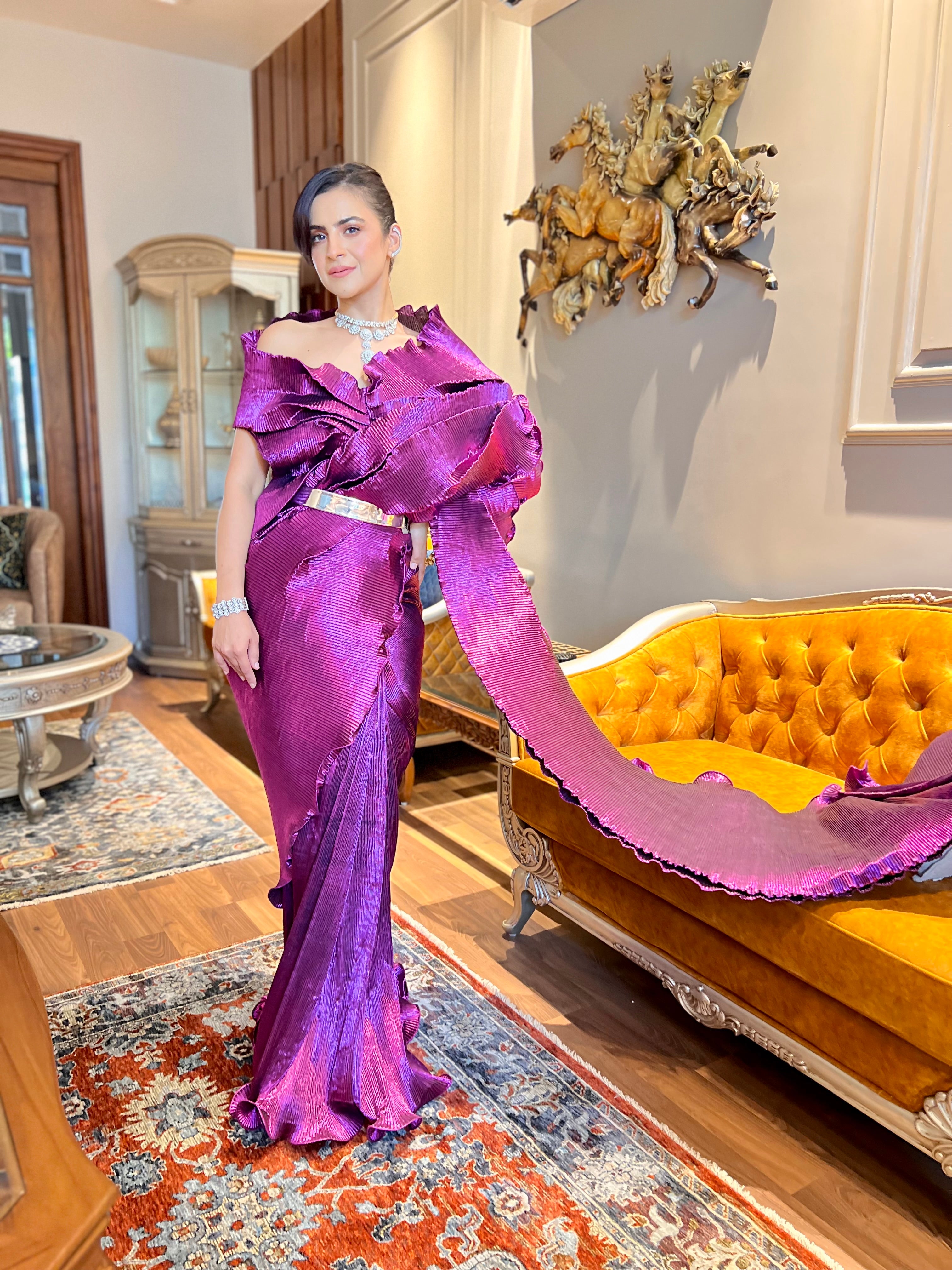 Pre-stitched saree with multi drape top in Viva Magenta