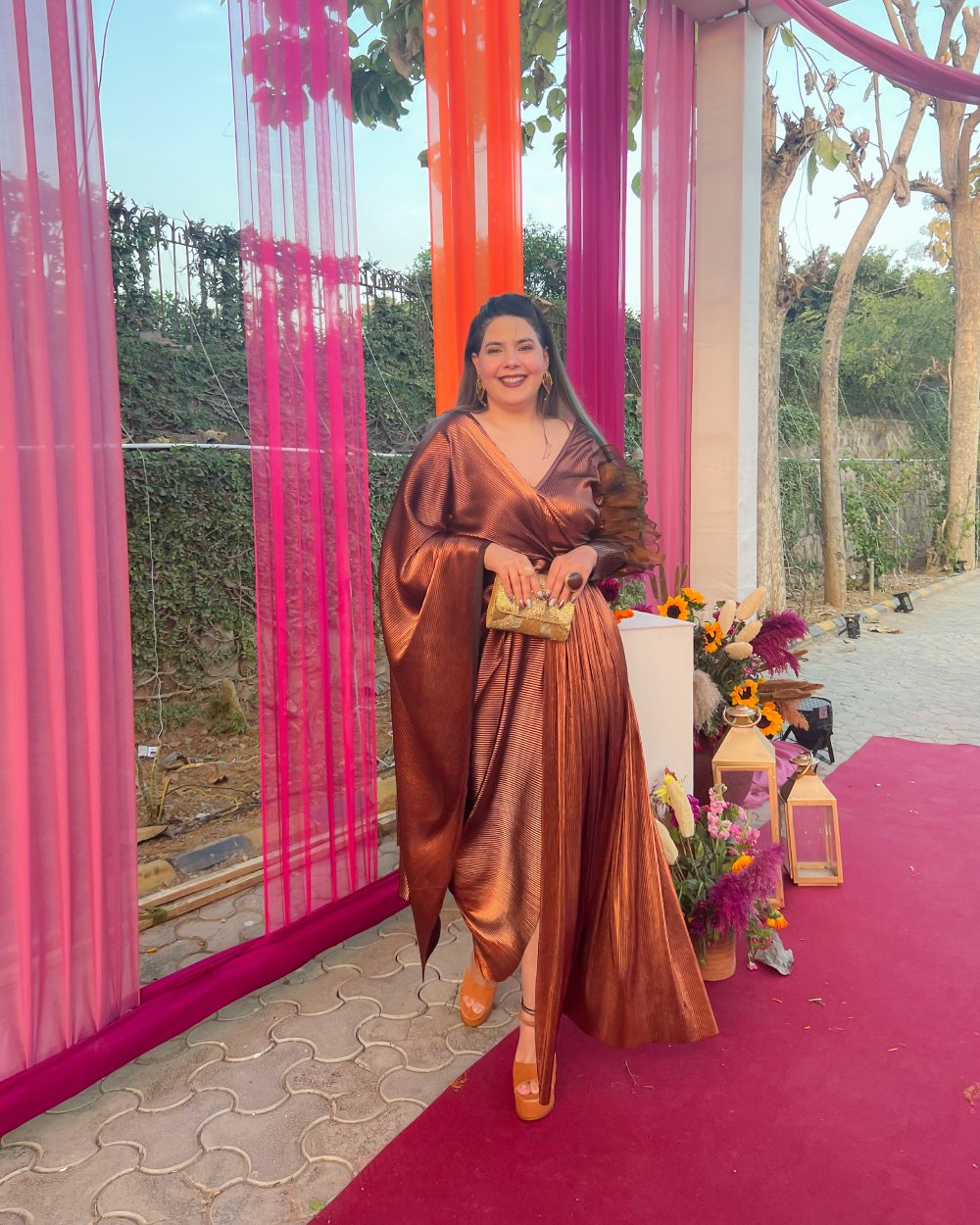 Faux Leather Drape Saree in Copper with full sleeves