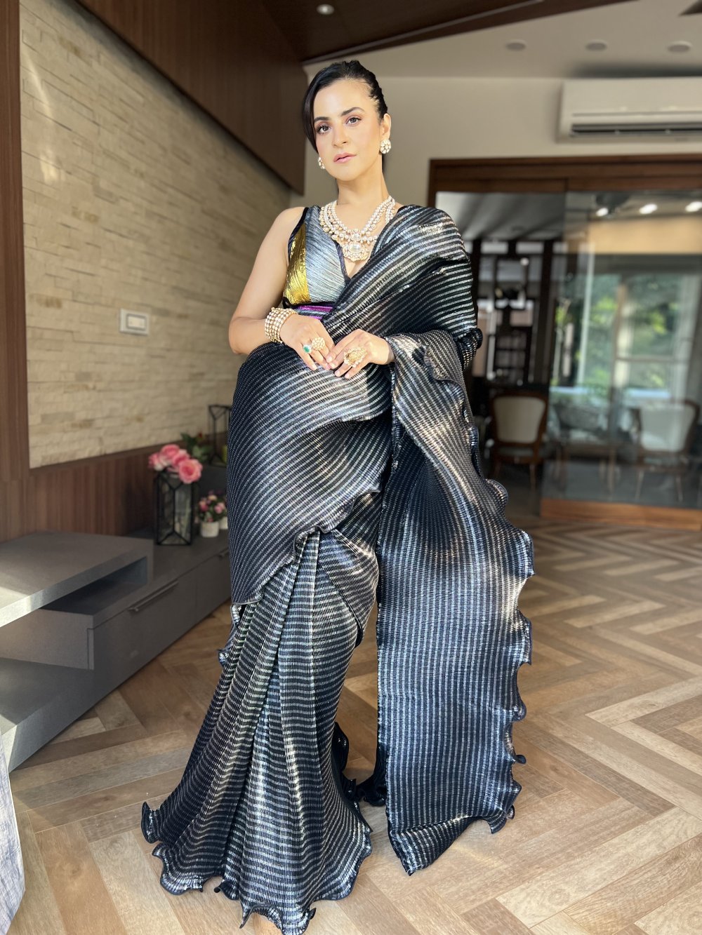 Pre-stitched saree with strappy blouse in Midnight Lustre