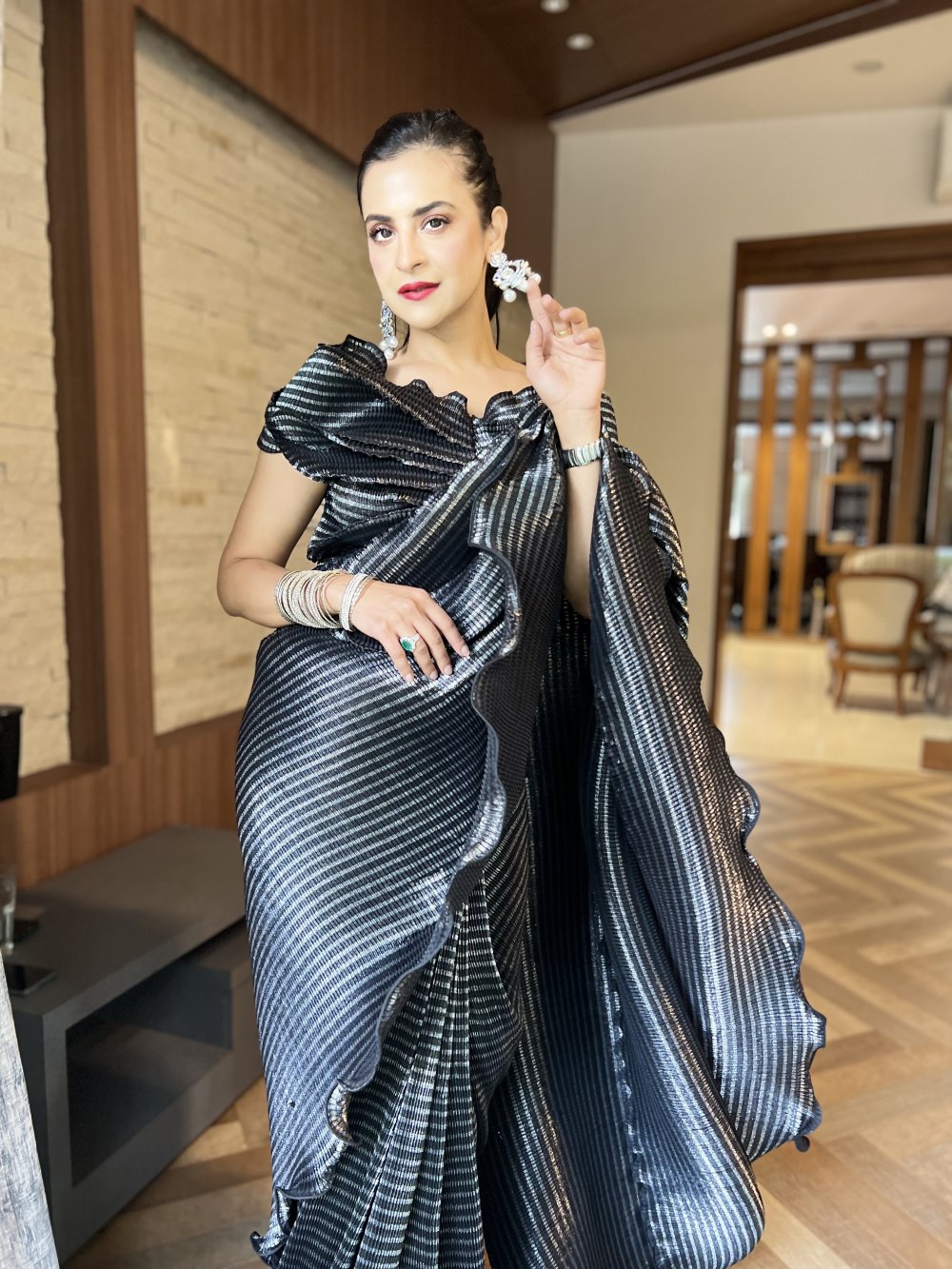 Pre-stitched saree with multi drape top in Midnight Lustre