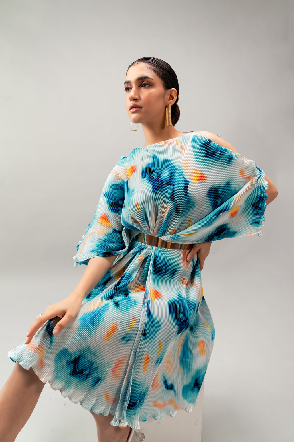 Azure Delight one shoulder knot dress