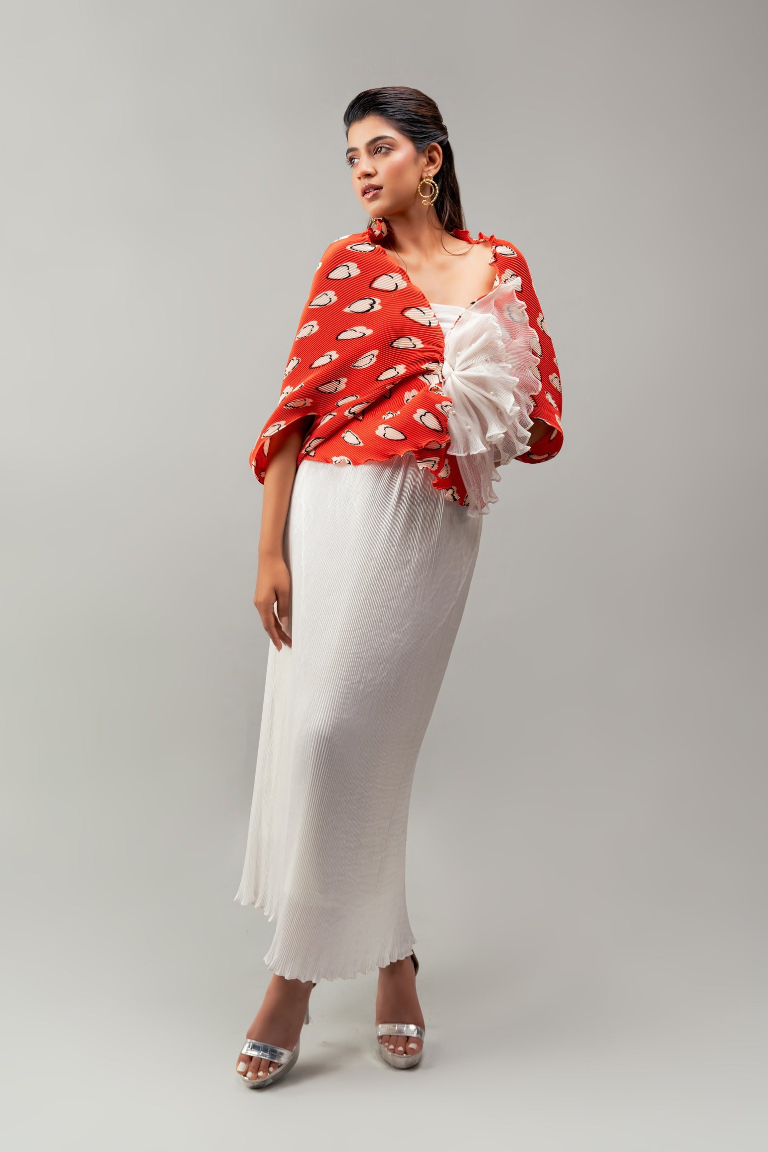 Red warm hearts embellished cover up with straight white skirt