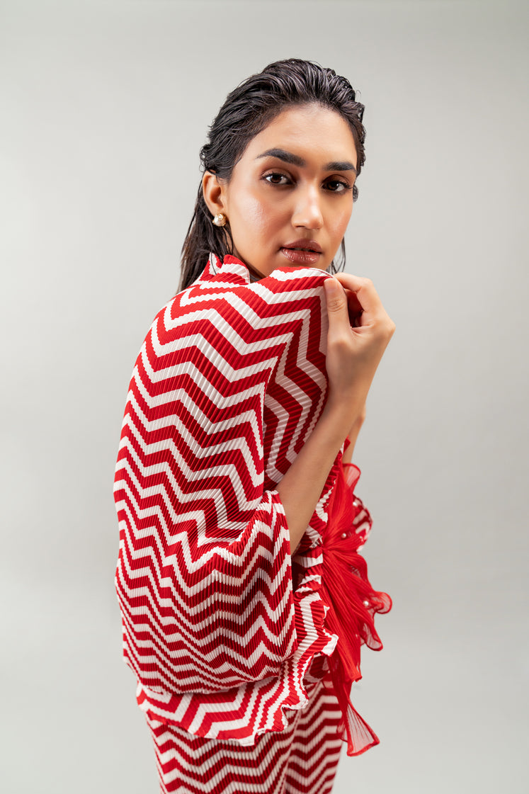 Maroon chevron cover up top with red embellishment