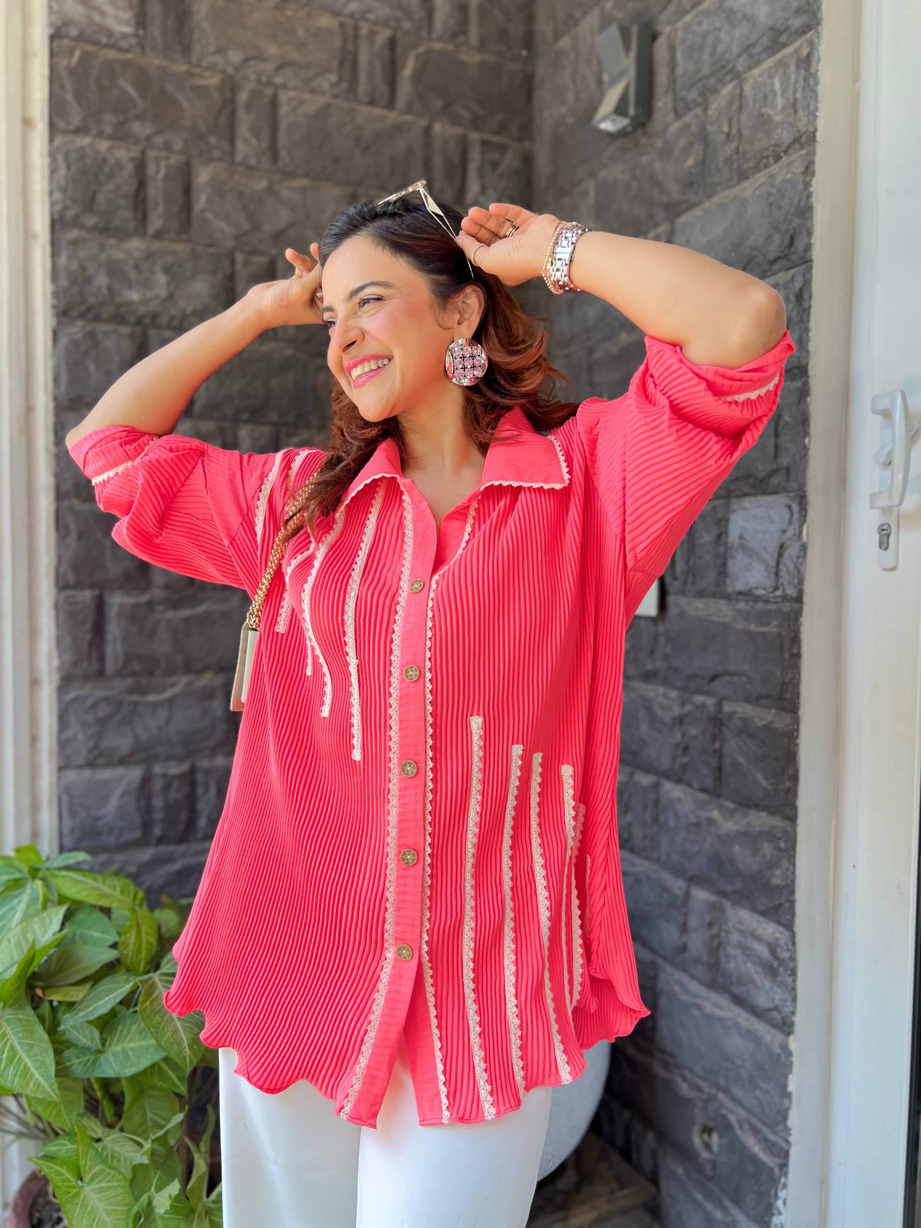 Collar Shirt lace set in French Fuchsia