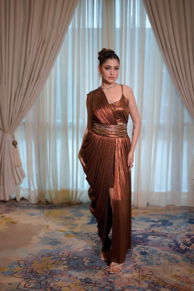 Fusion drape saree with strappy blouse in copper