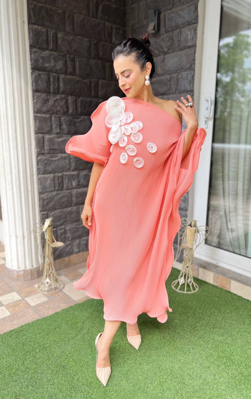 Kaftan Dress with Embroidery in Peach in Peach