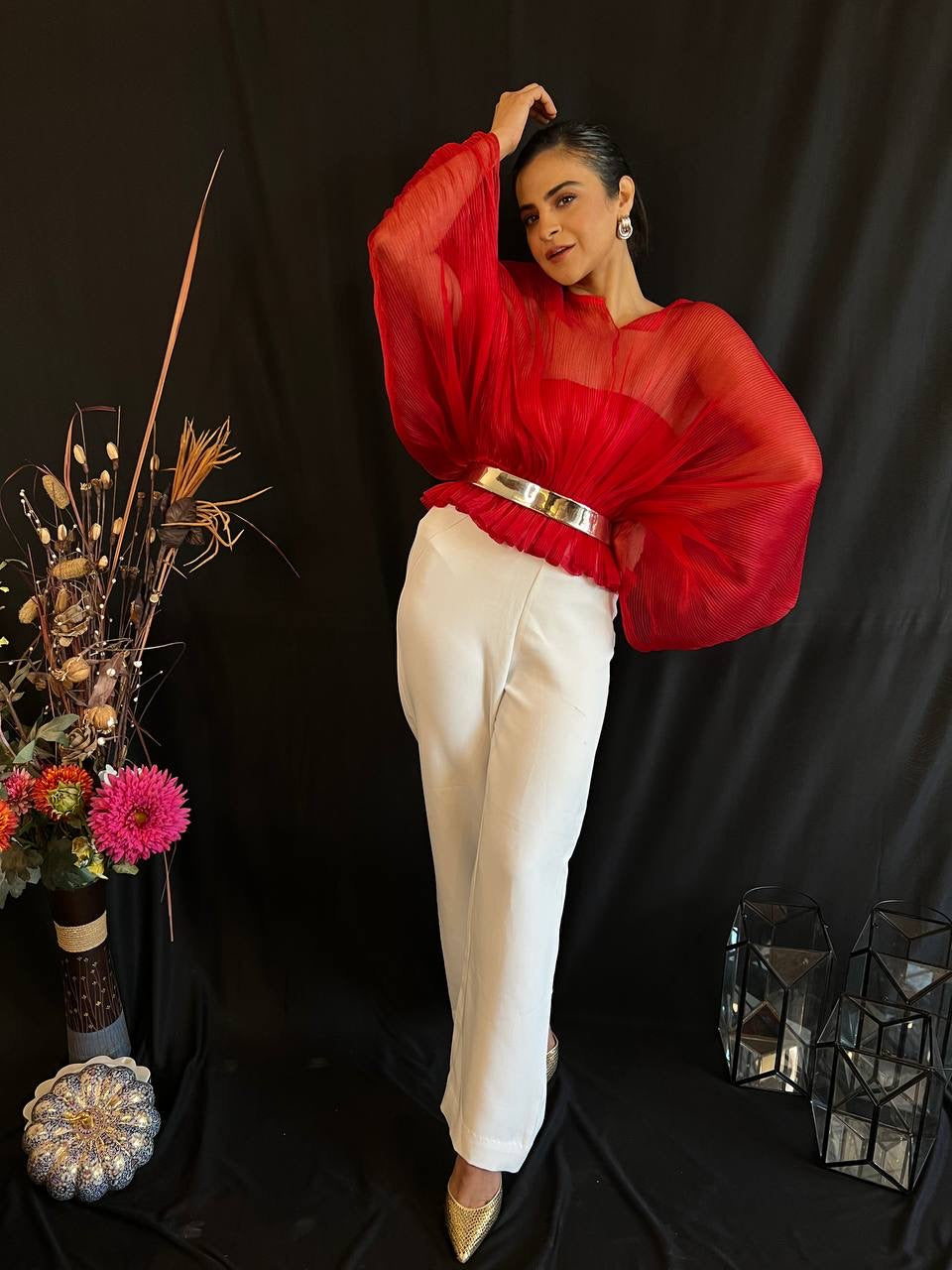 Moon Sleeves Pants Set (Red Top & White Pant)