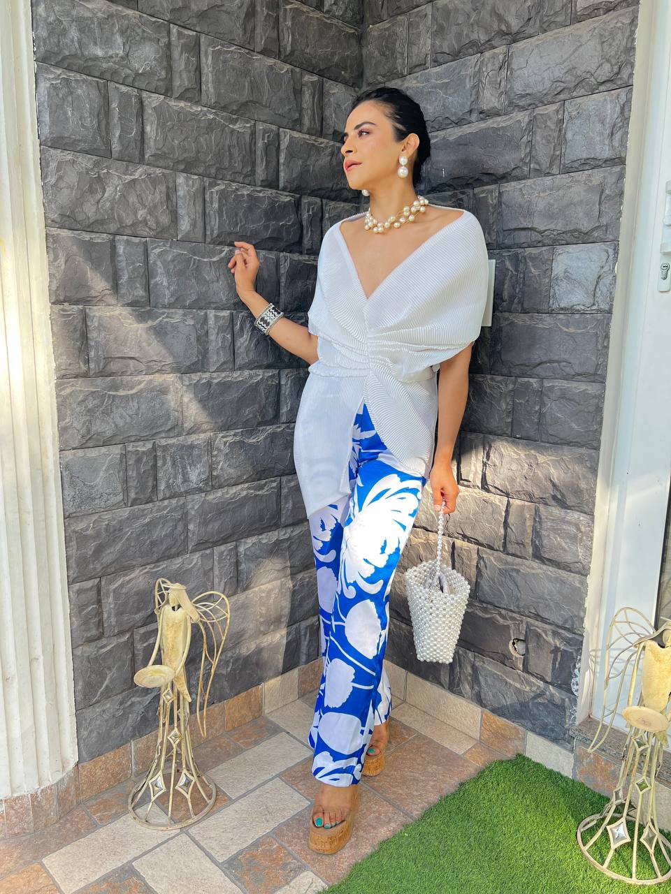 Blue Printed Pants with Multi Drape Top