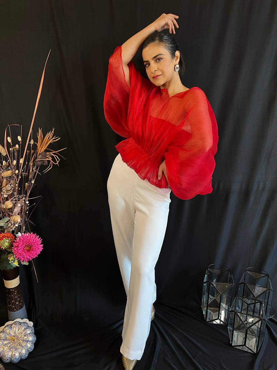 Moon Sleeves Pants Set (Red Top & White Pant)