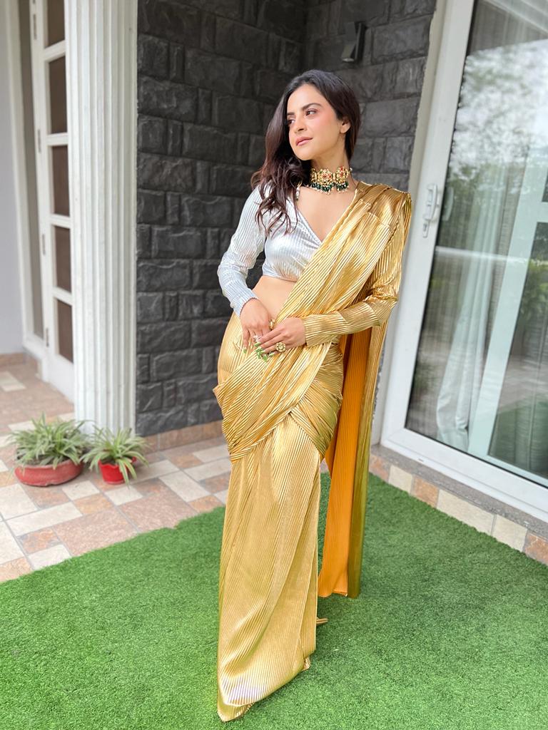 NOOR Semi Stitched Faux Leather Saree-GOLD with Full sleeve Blouse