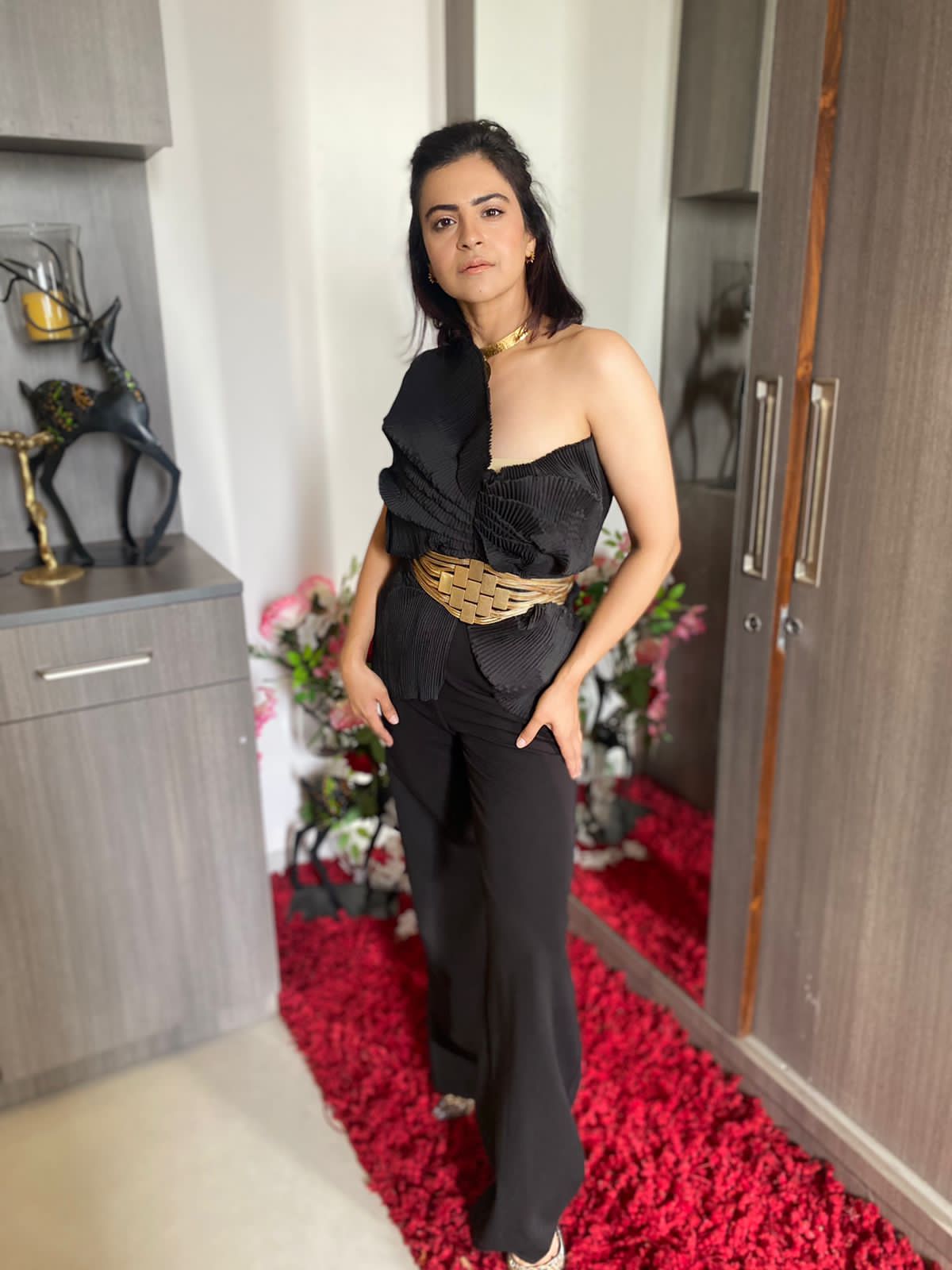 Silk Multi Drape Pant Set in Black