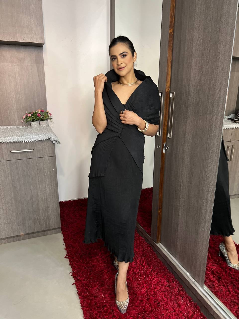 Silk Multi Drape Long Skirt Set in Black
