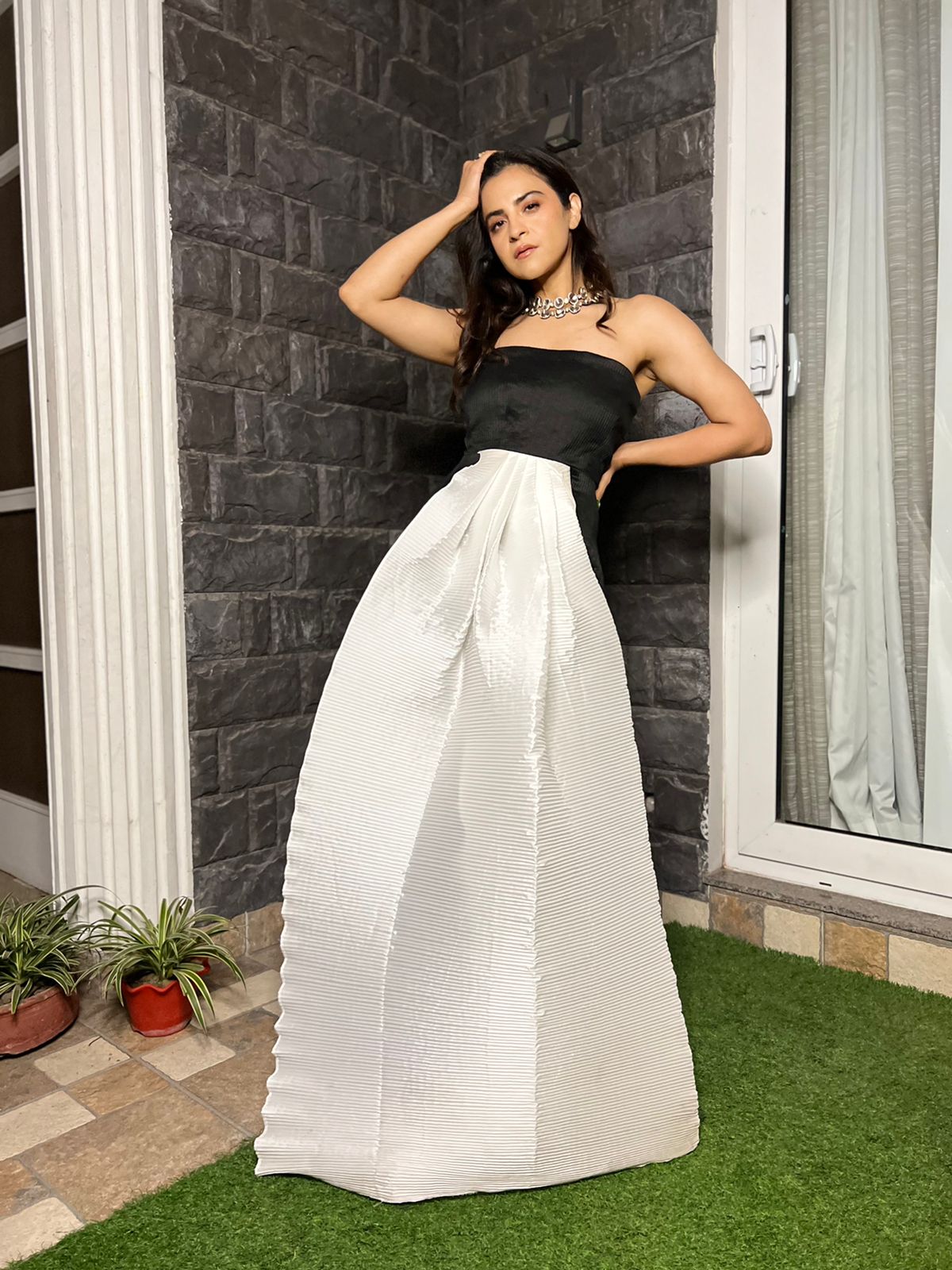 Multi Drape Off Shoulder Gown - Black & White