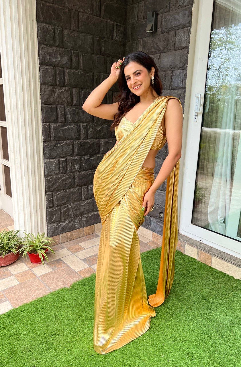 NOOR Semi Stitched Faux Leather Saree-GOLD with Sleeveless blouse